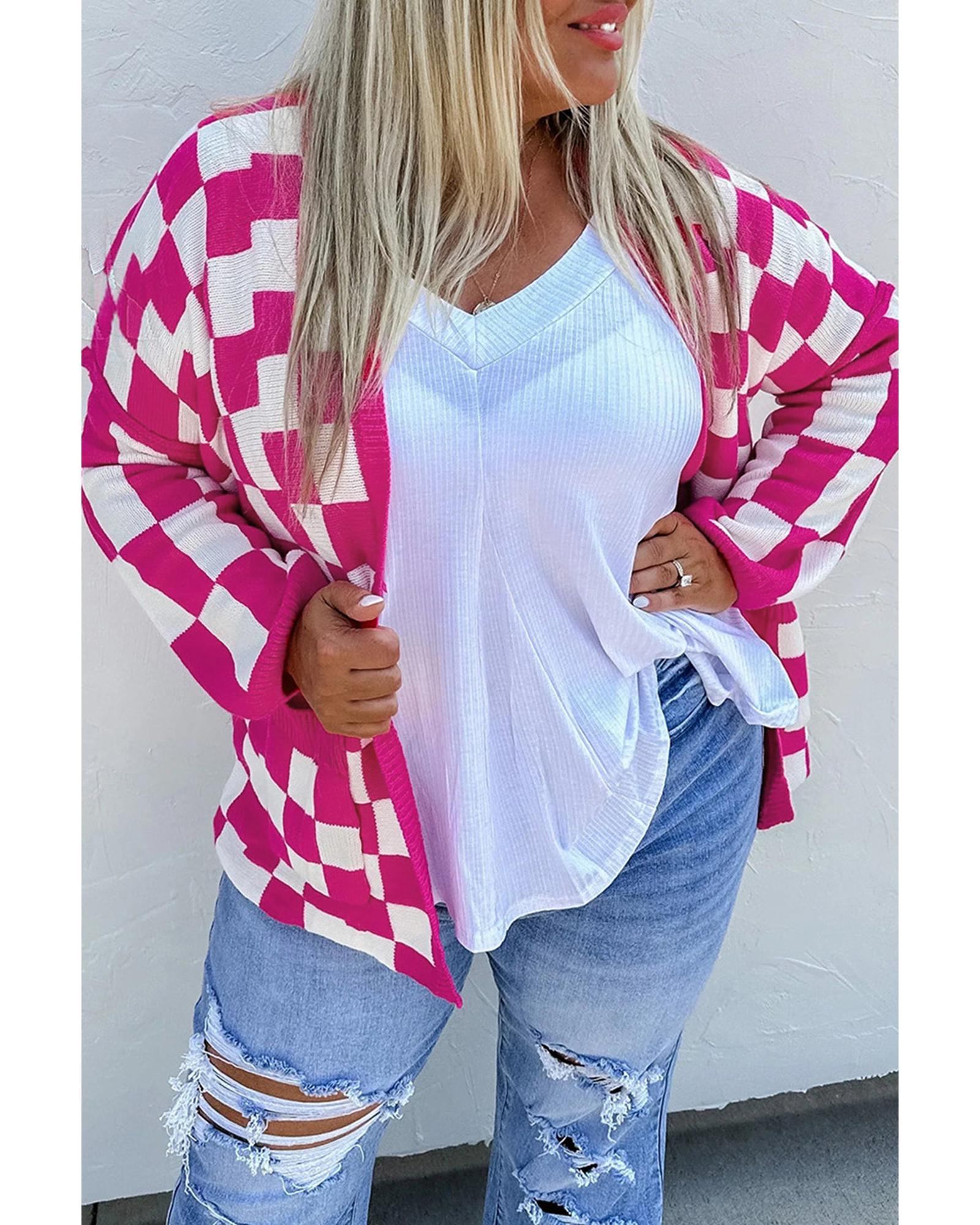 Bonbon Checkered Pattern Open Front Plus Size Cardigan - 2X