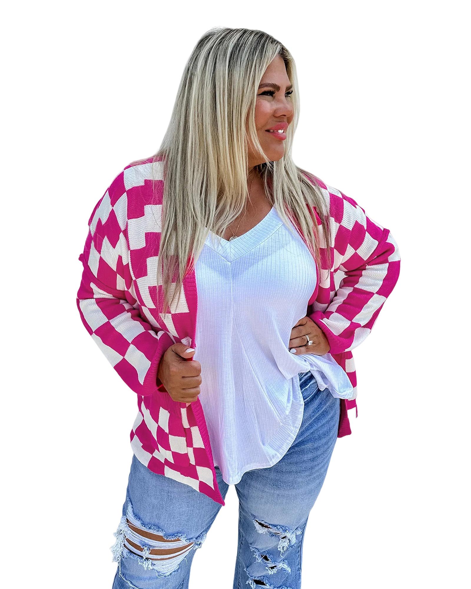 Bonbon Checkered Pattern Open Front Plus Size Cardigan - 3X
