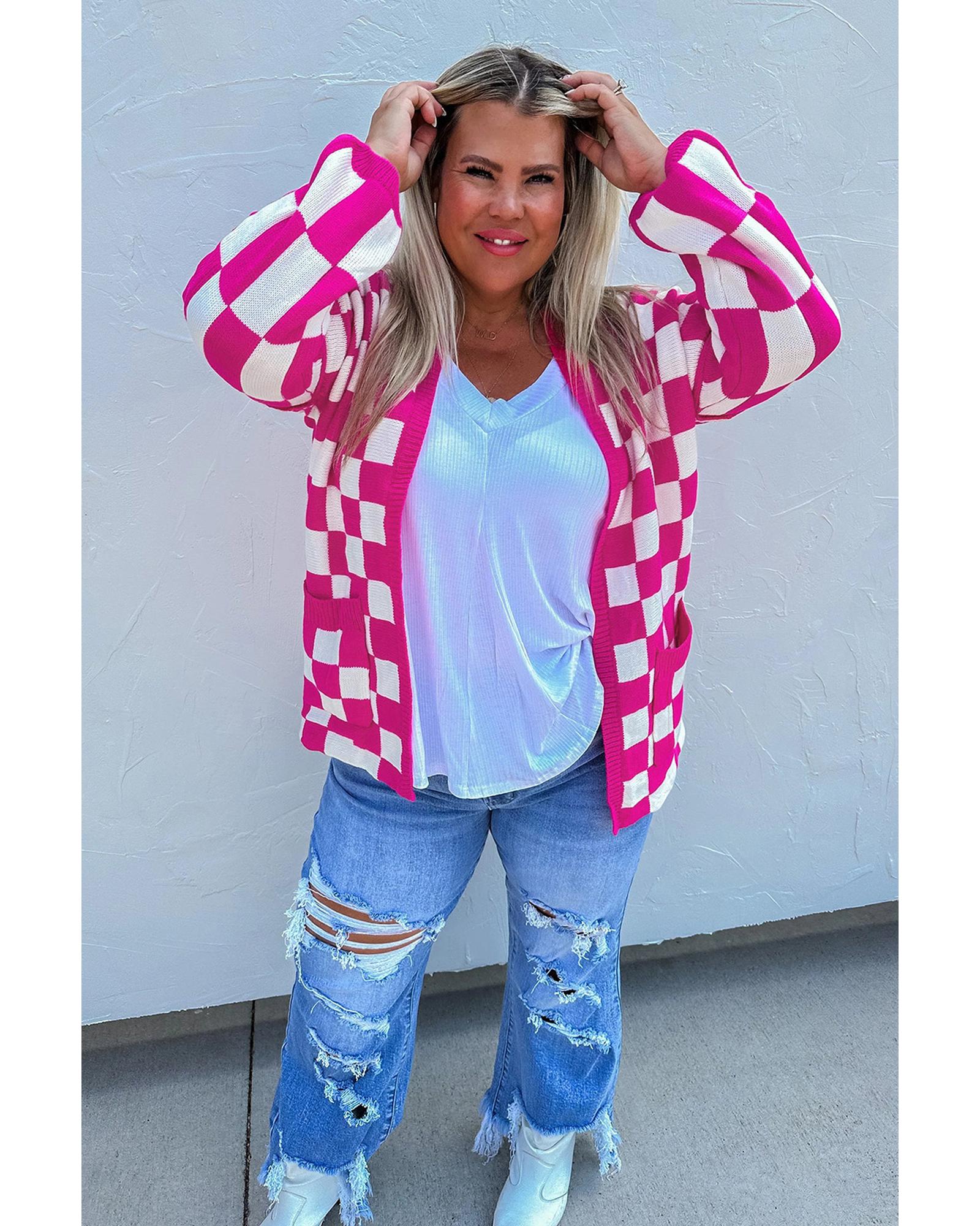 Bonbon Checkered Pattern Open Front Plus Size Cardigan - 3X