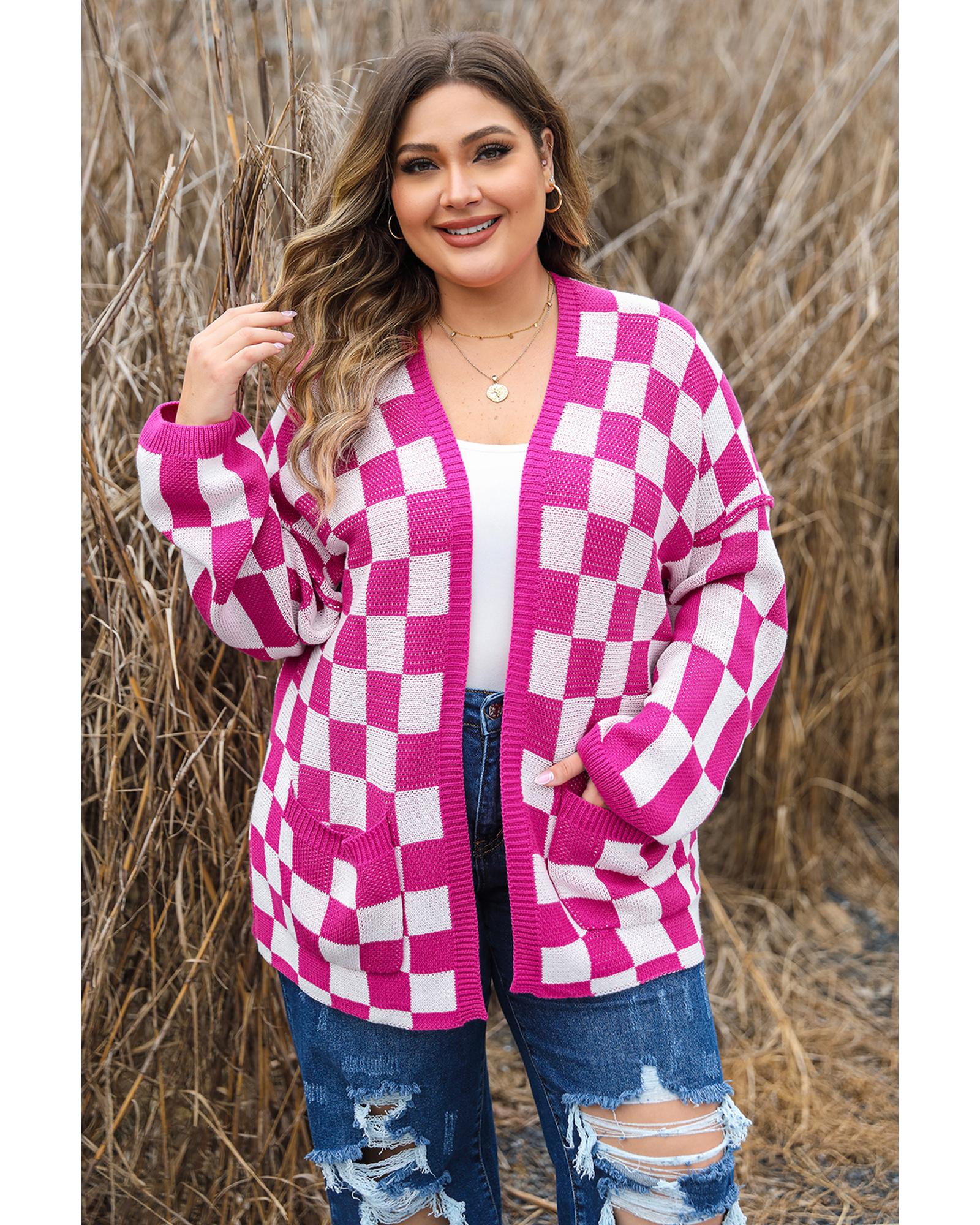Bonbon Checkered Pattern Open Front Plus Size Cardigan - 3X