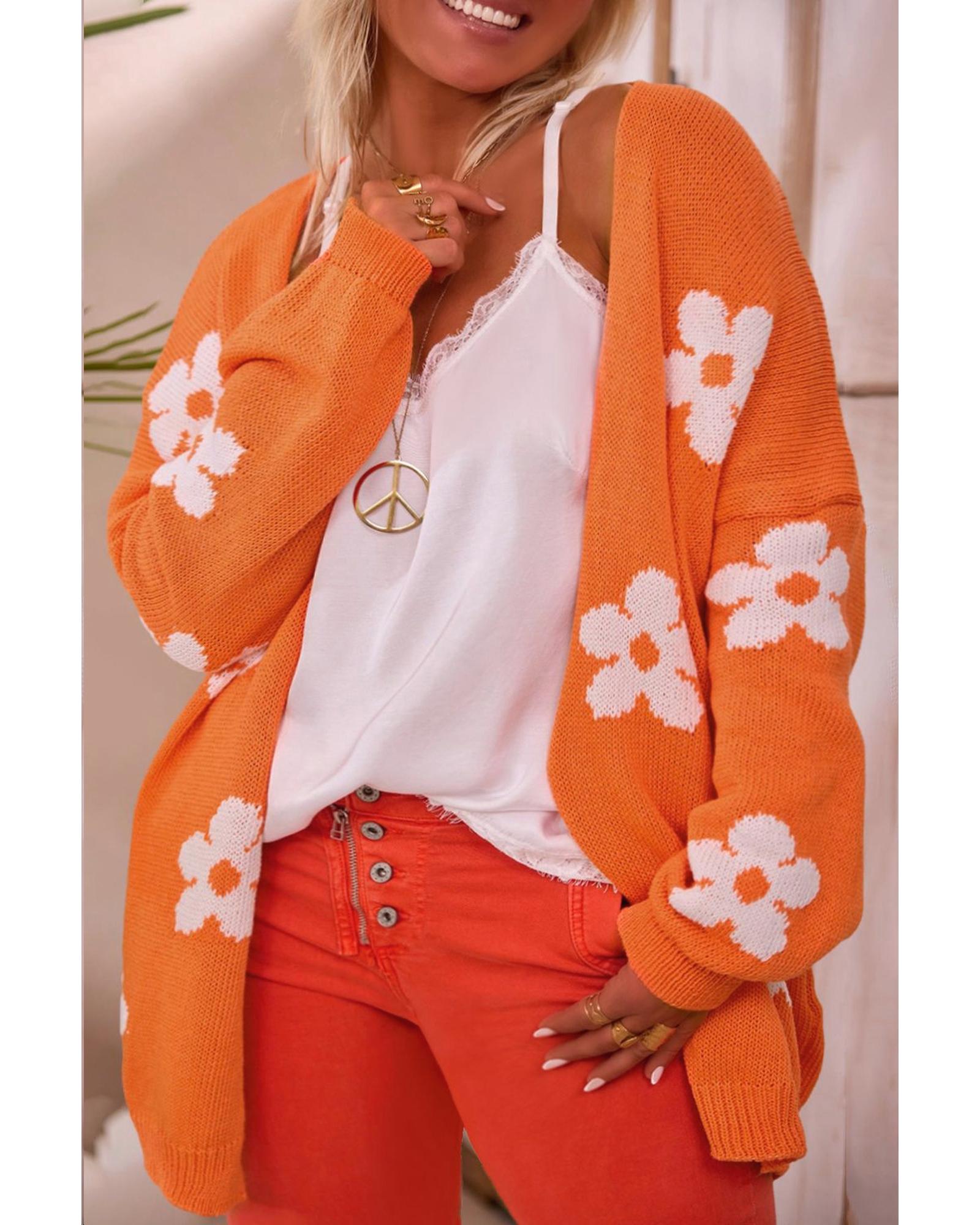 Orange Flower Pattern Drop Shoulder Plus Size Cardigan - 1X