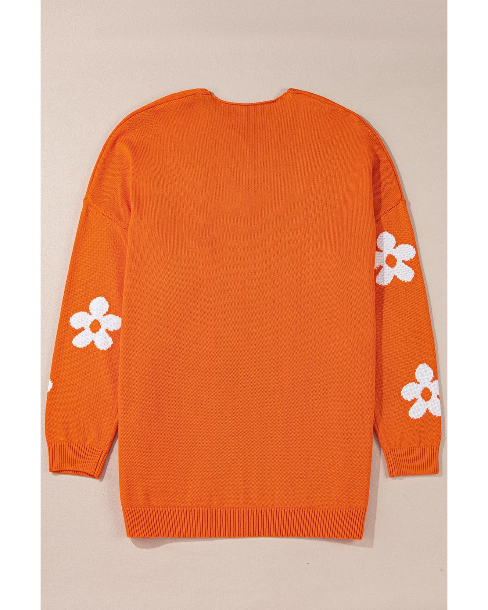Orange Flower Pattern Drop Shoulder Plus Size Cardigan - 1X