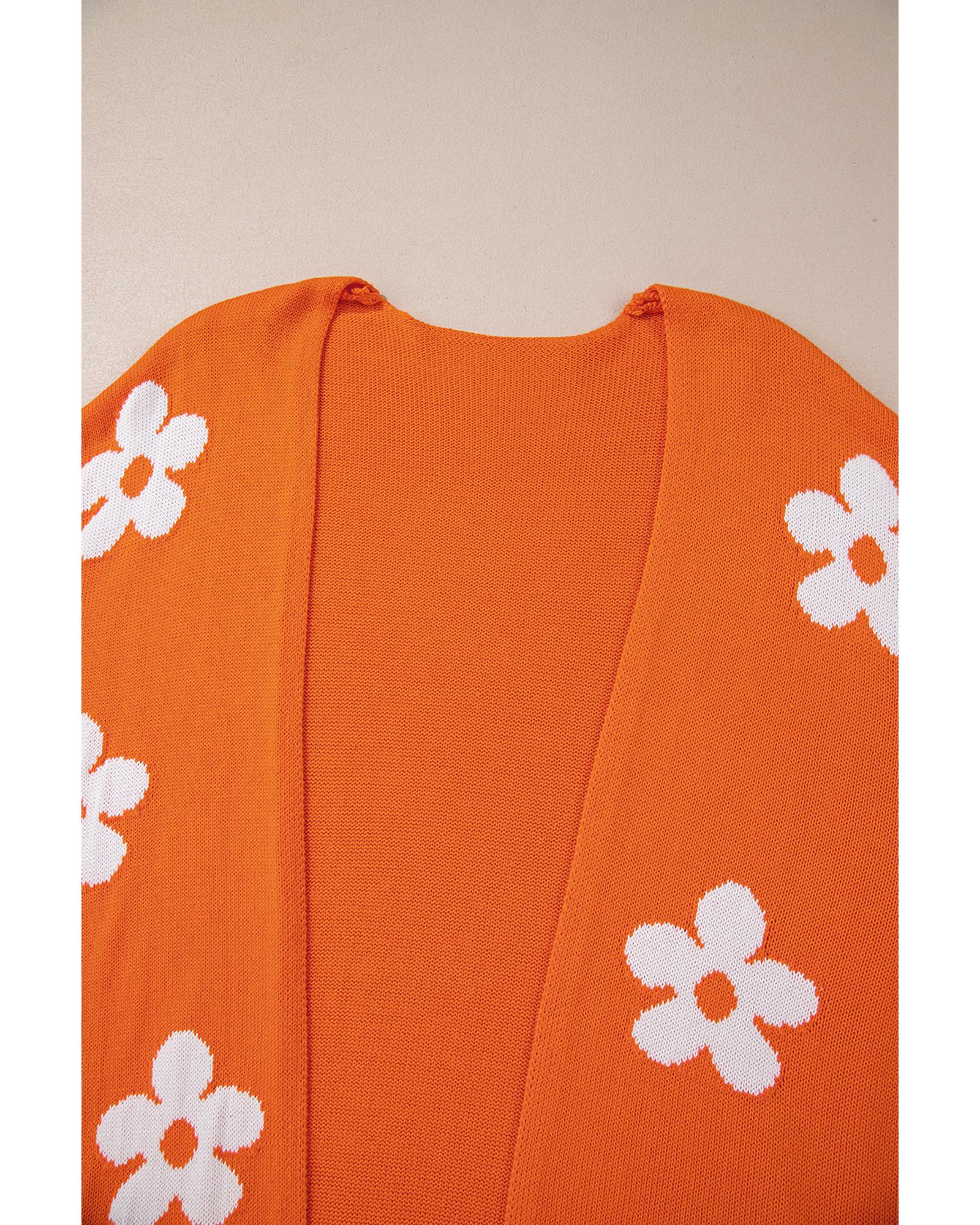 Orange Flower Pattern Drop Shoulder Plus Size Cardigan - 3X