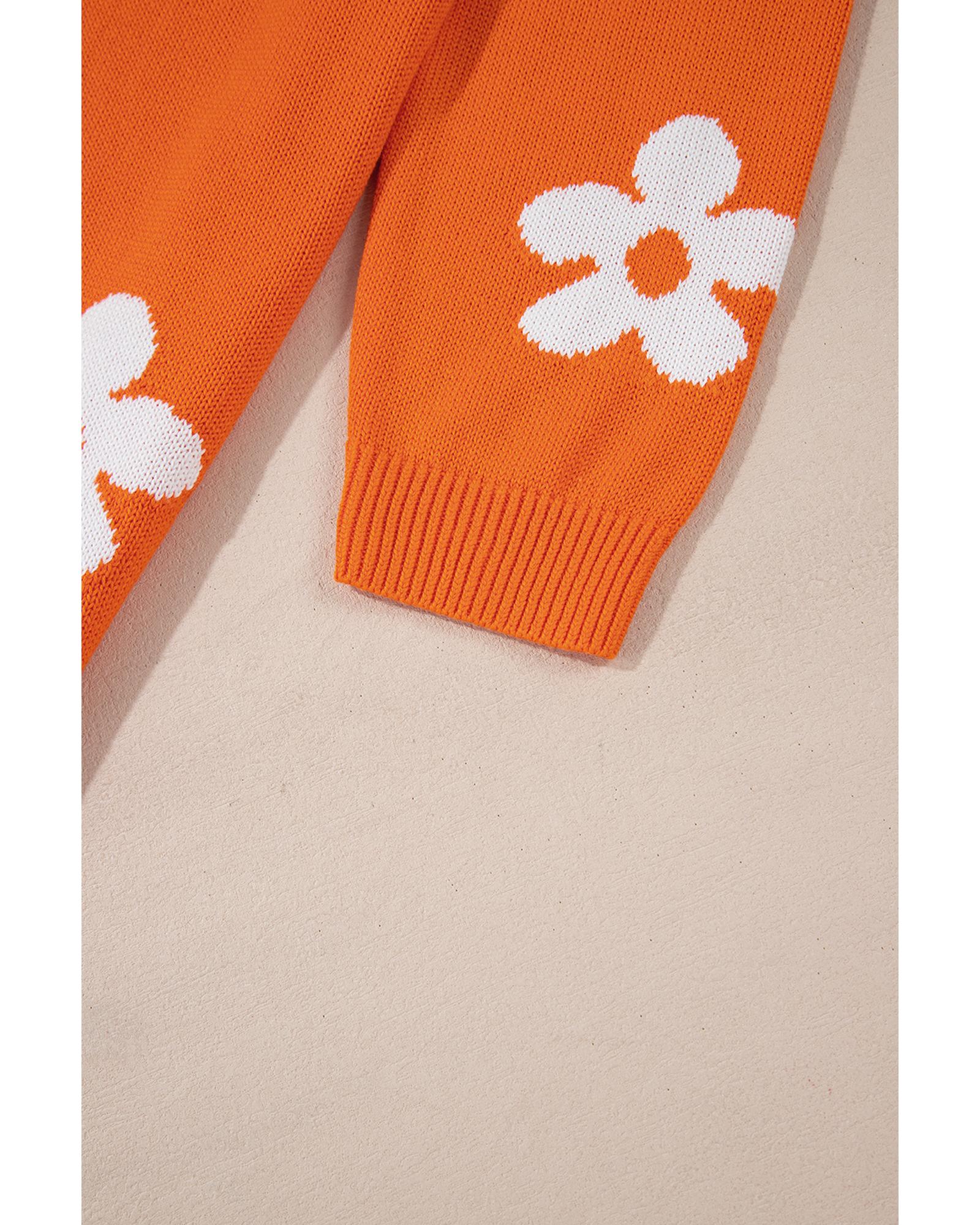 Orange Flower Pattern Drop Shoulder Plus Size Cardigan - 3X