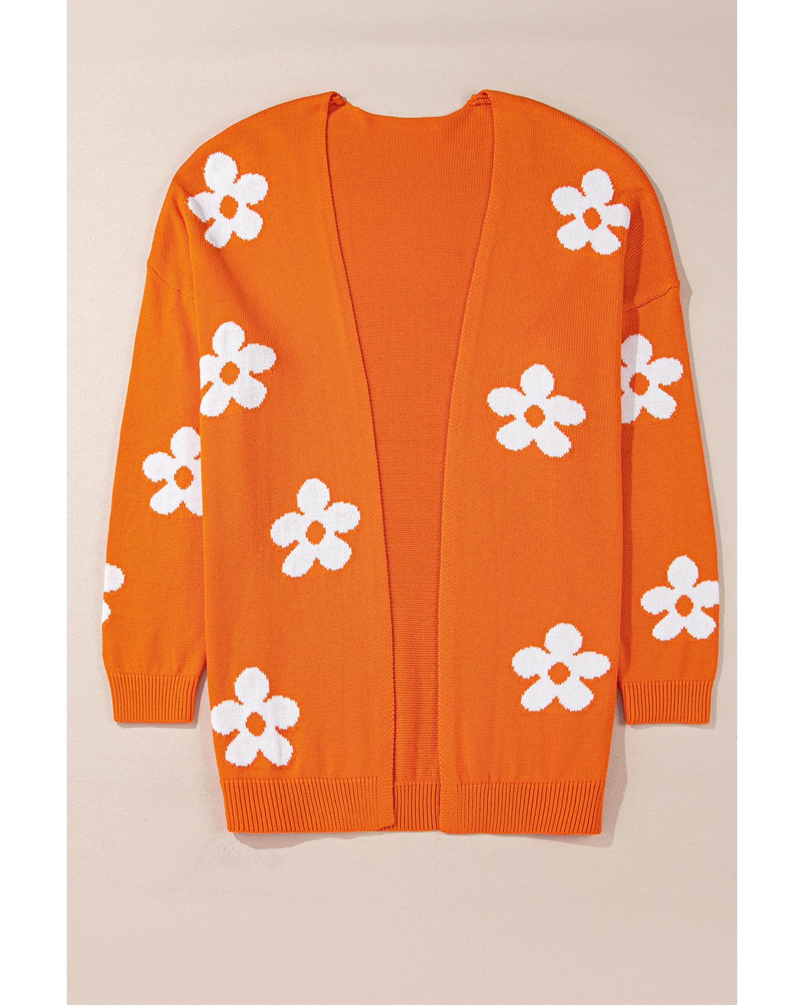 Orange Flower Pattern Drop Shoulder Plus Size Cardigan - 3X
