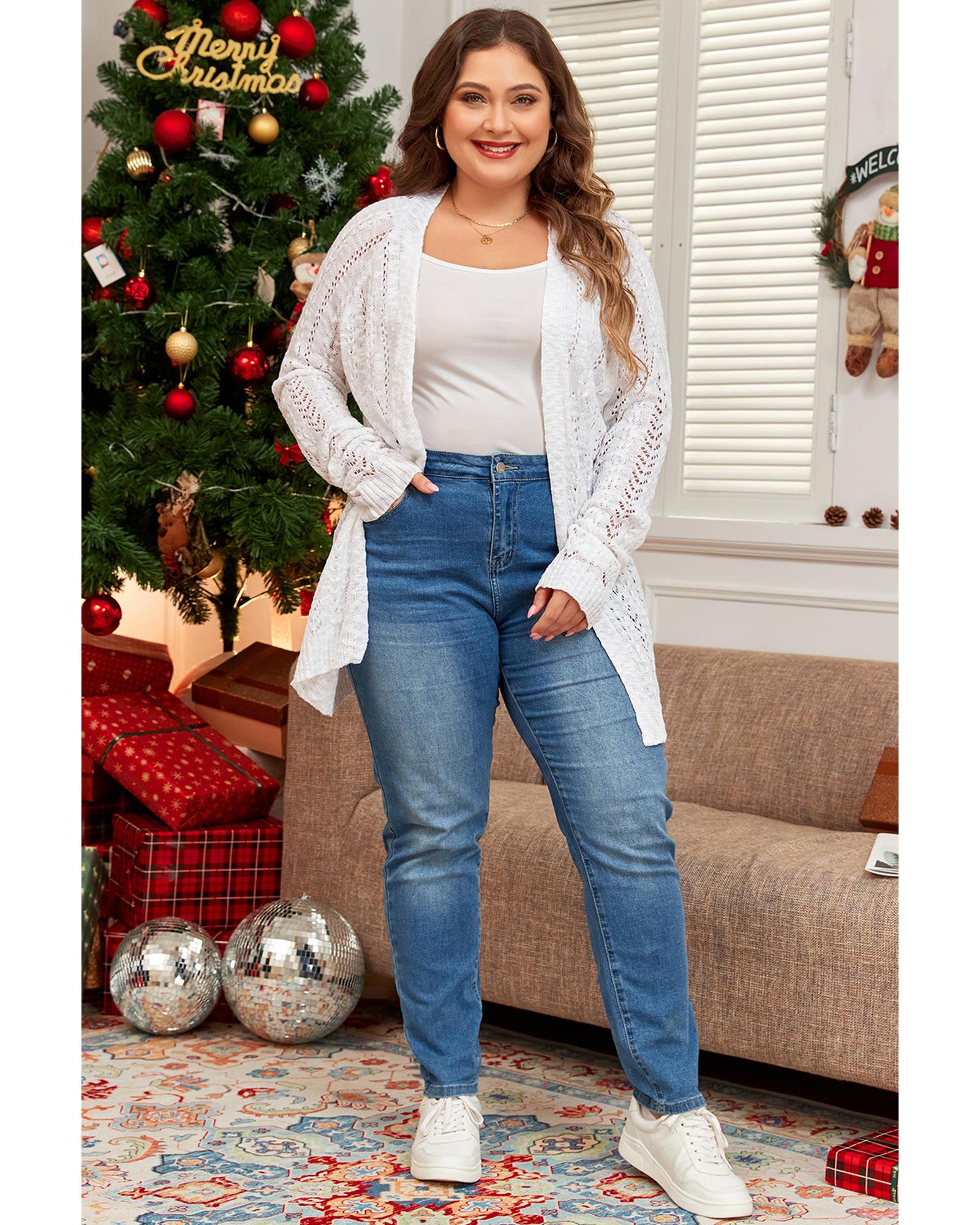 White Plus Size Eyelet Knit Open Front Cardigan - 2X