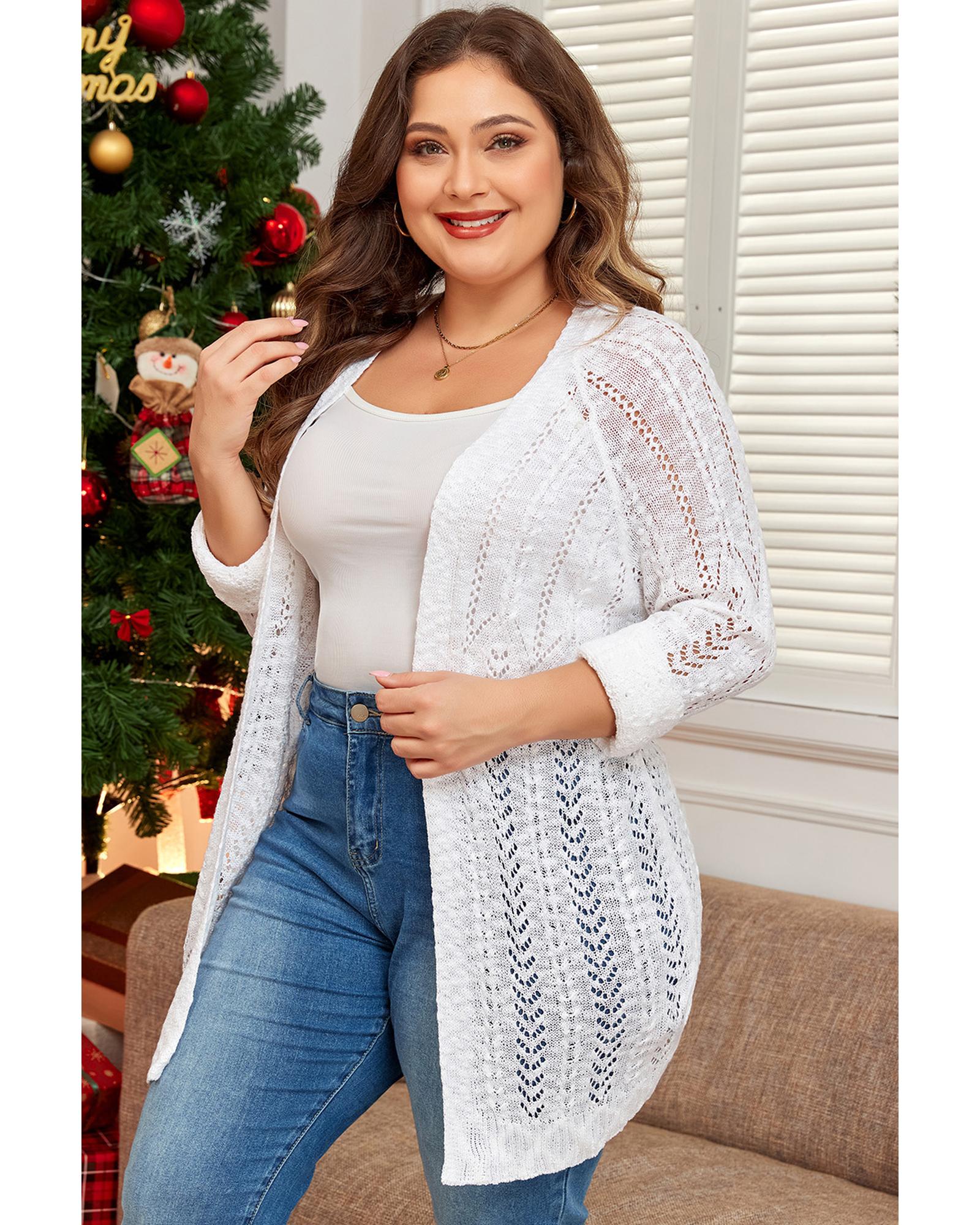White Plus Size Eyelet Knit Open Front Cardigan - 2X