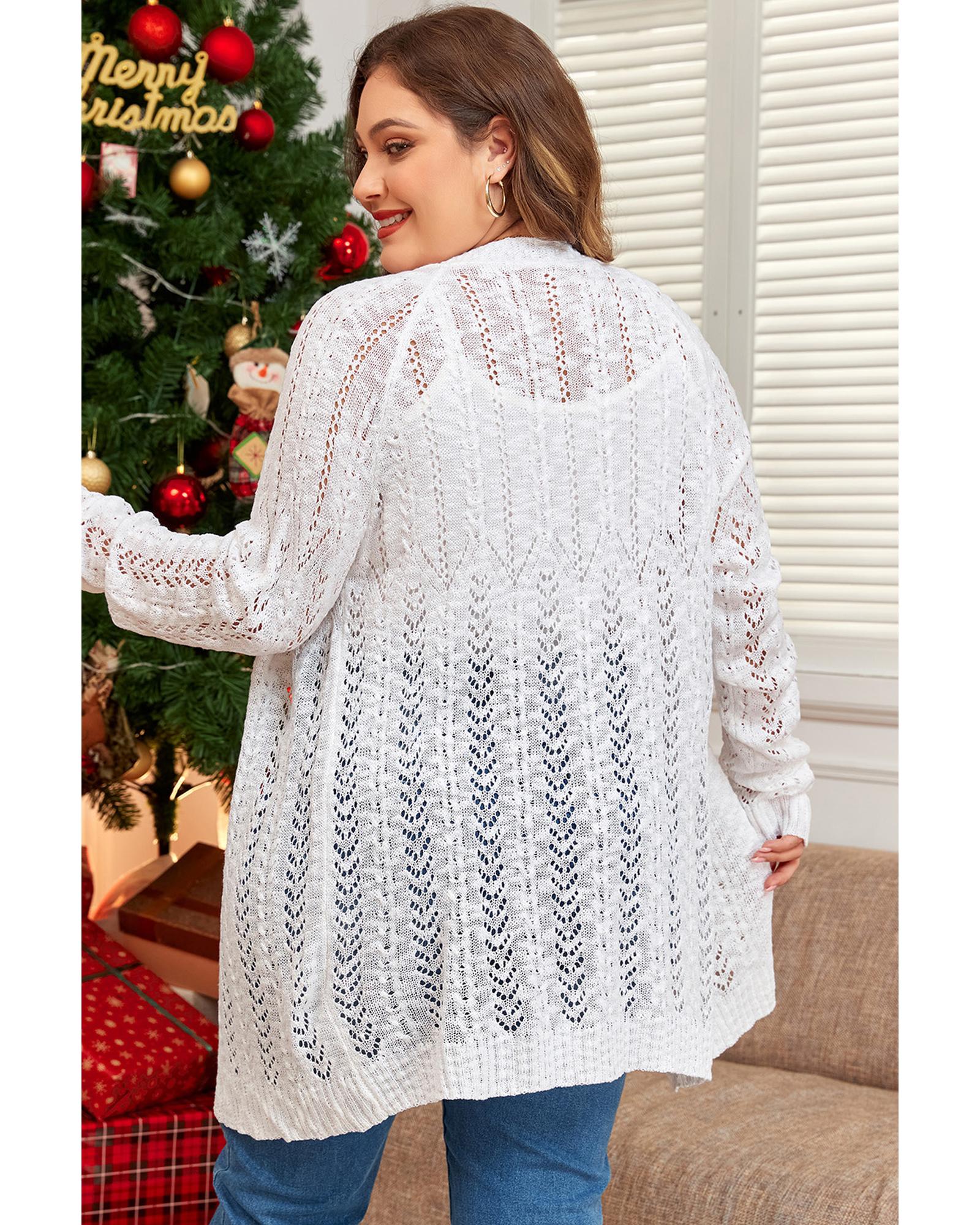 White Plus Size Eyelet Knit Open Front Cardigan - 3X