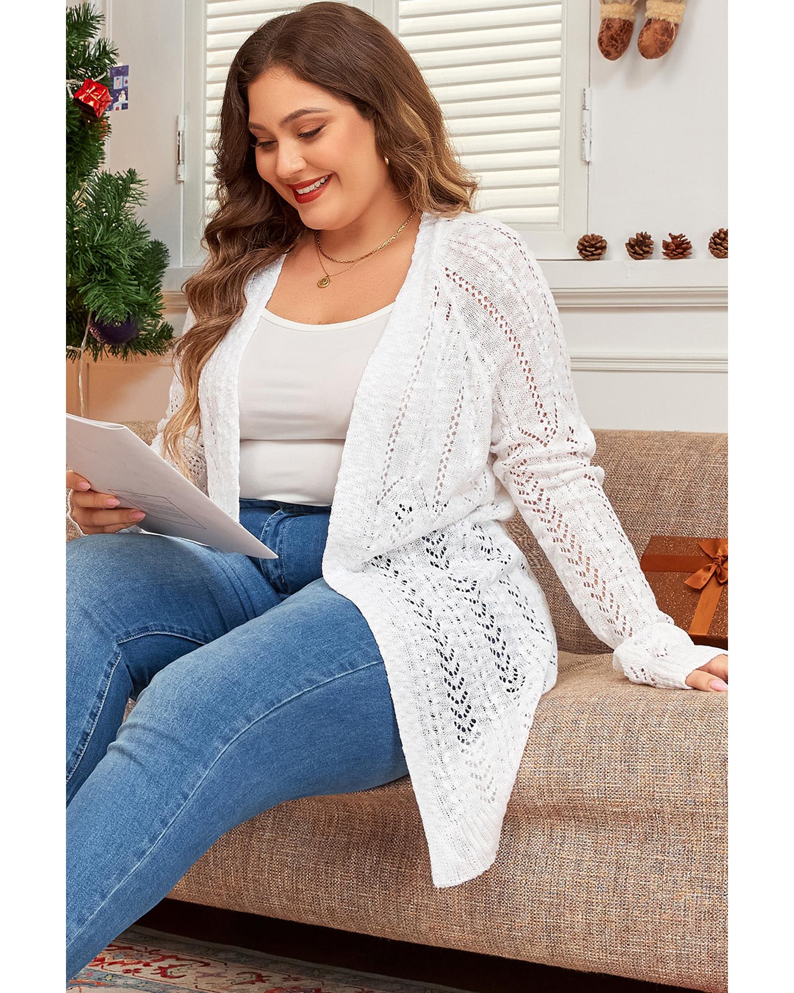White Plus Size Eyelet Knit Open Front Cardigan - 3X