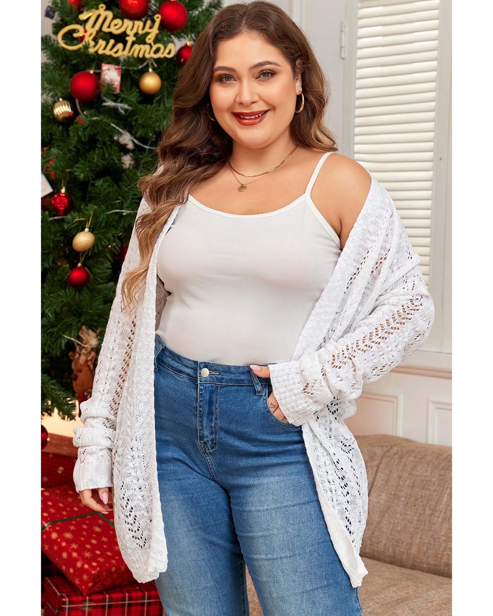 White Plus Size Eyelet Knit Open Front Cardigan - 4X