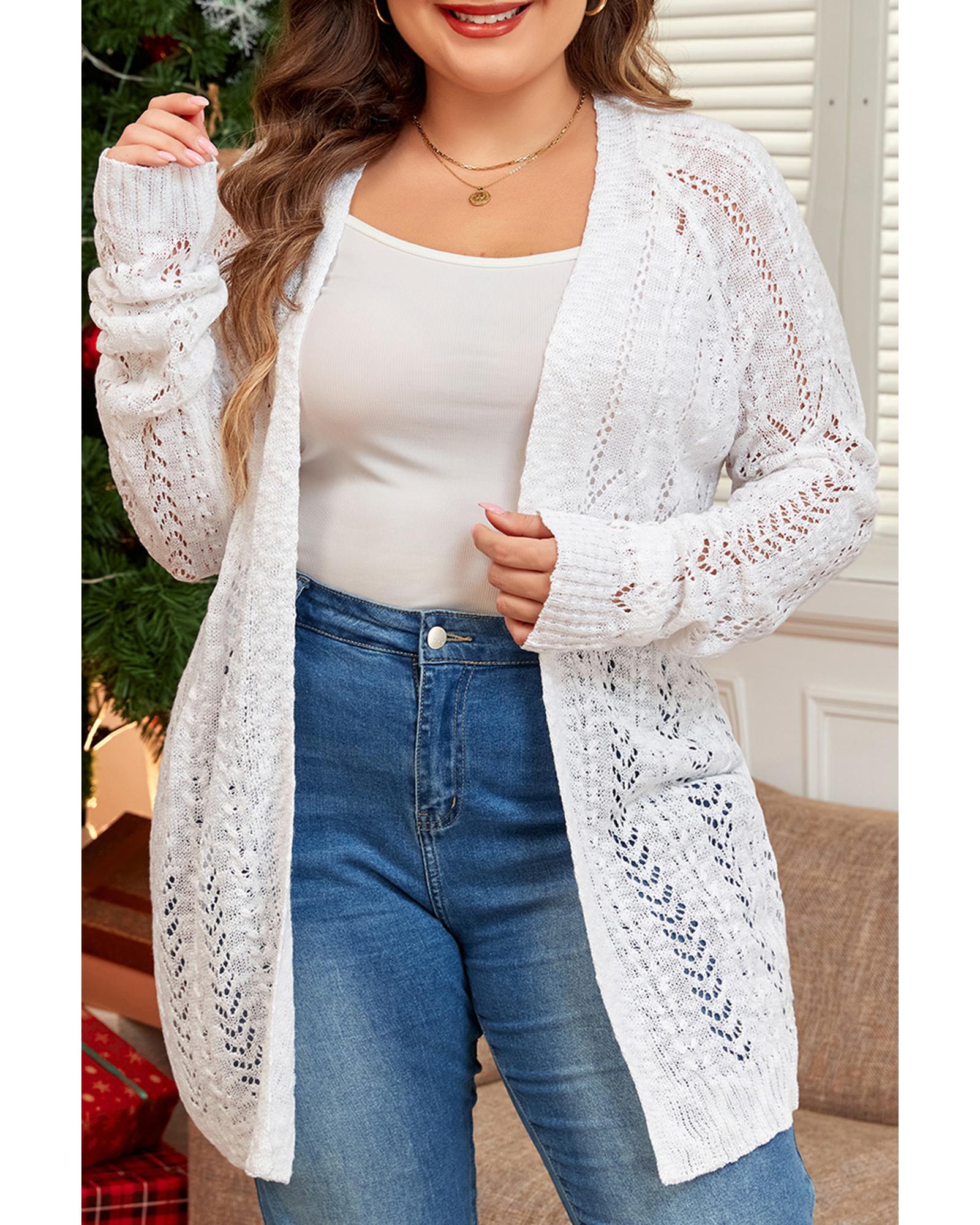 White Plus Size Eyelet Knit Open Front Cardigan - 4X