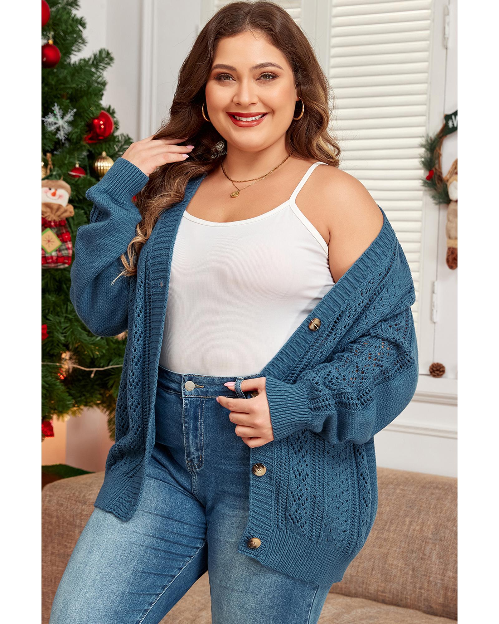Real Teal Open Knit V Neck Button Front Drop Shoulder Plus Size Cardigan - 1X