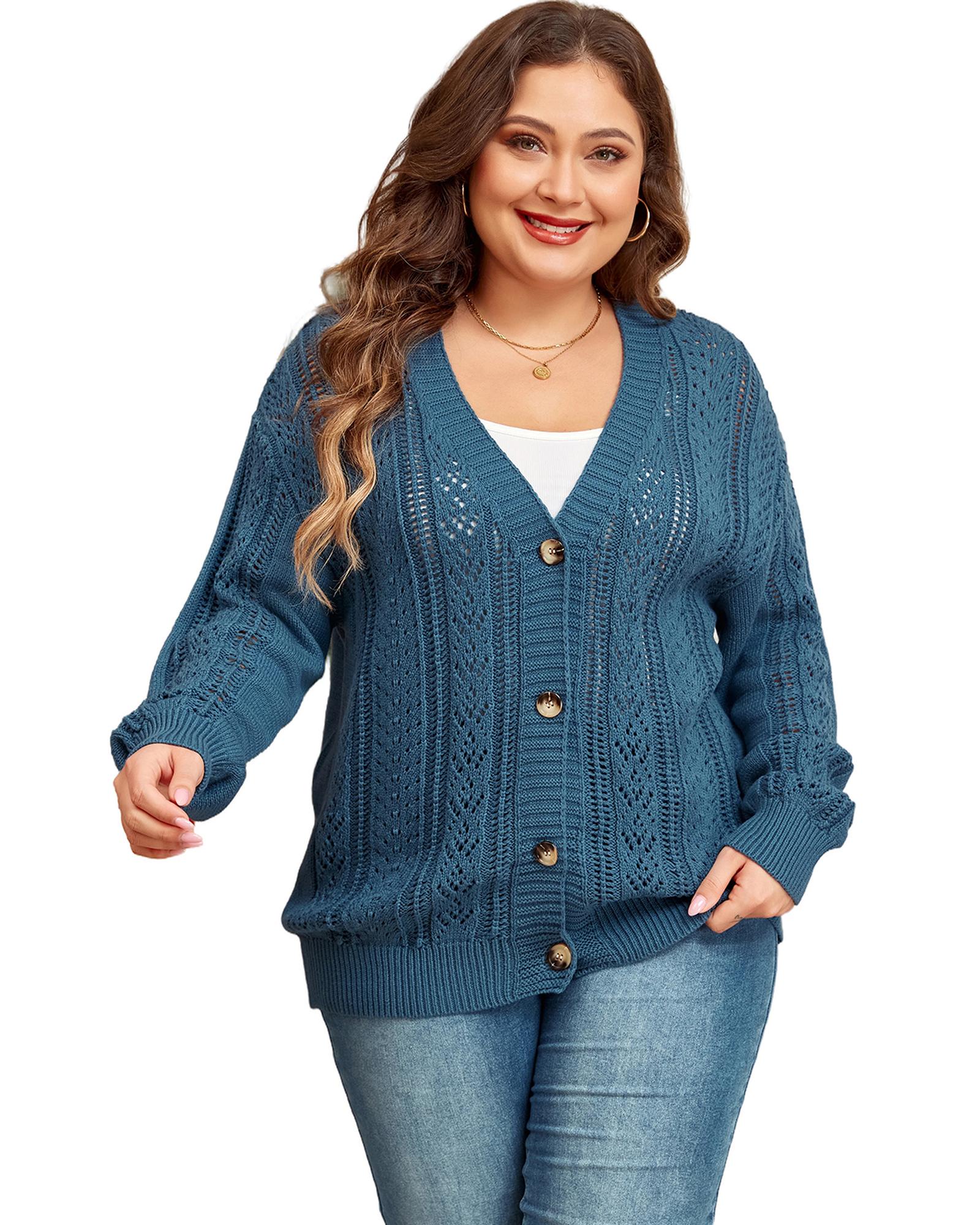 Real Teal Open Knit V Neck Button Front Drop Shoulder Plus Size Cardigan - 1X