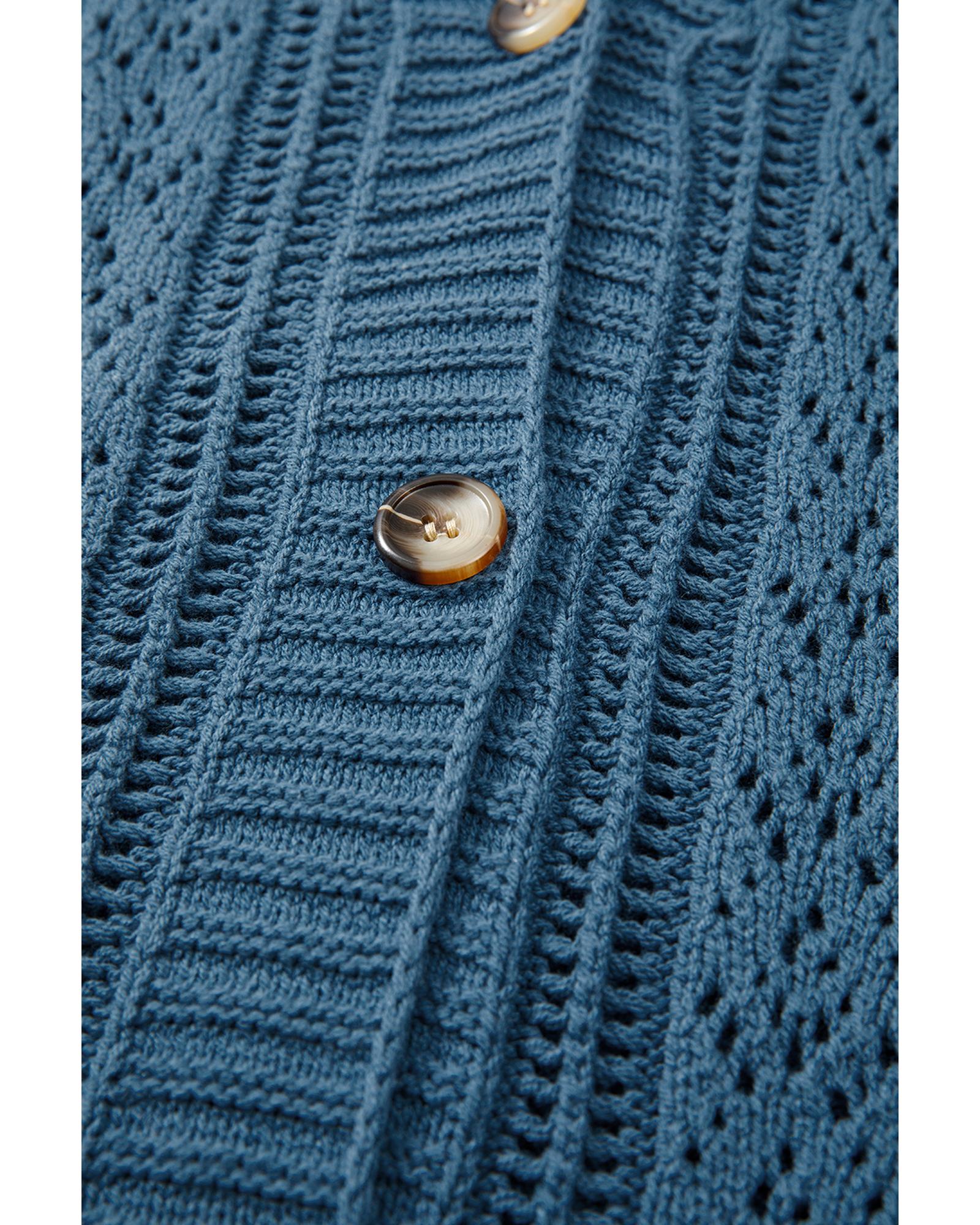 Real Teal Open Knit V Neck Button Front Drop Shoulder Plus Size Cardigan - 2X