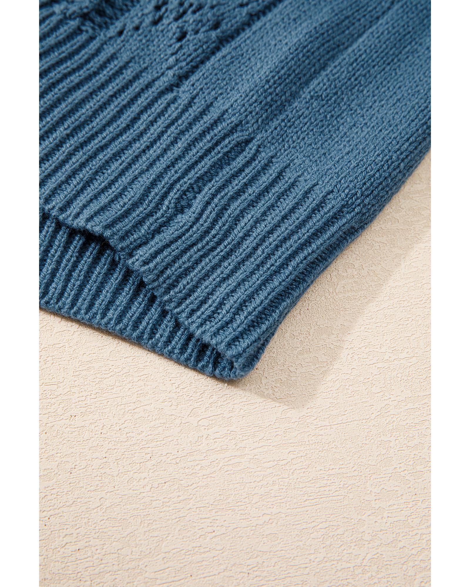 Real Teal Open Knit V Neck Button Front Drop Shoulder Plus Size Cardigan - 2X