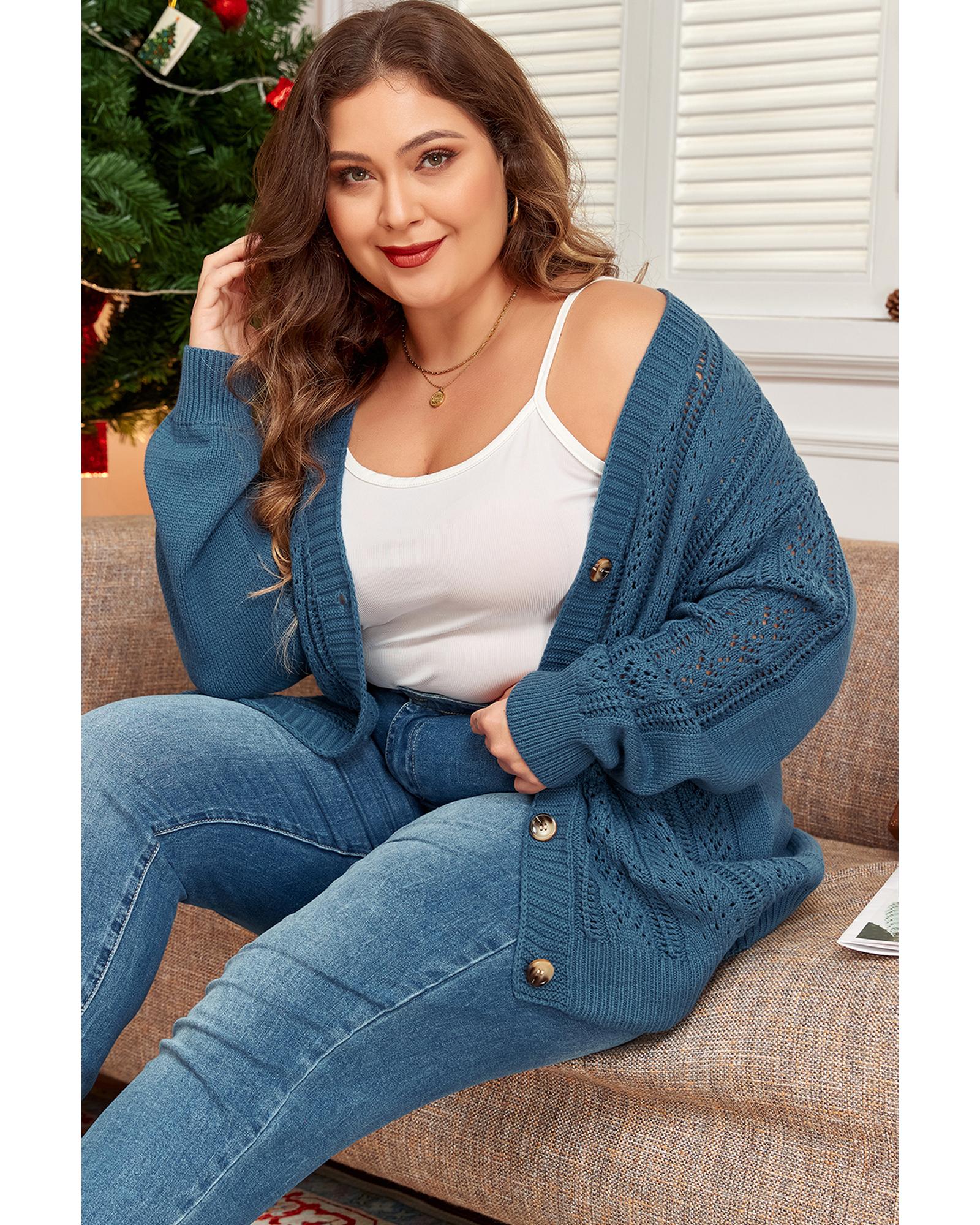 Real Teal Open Knit V Neck Button Front Drop Shoulder Plus Size Cardigan - 3X