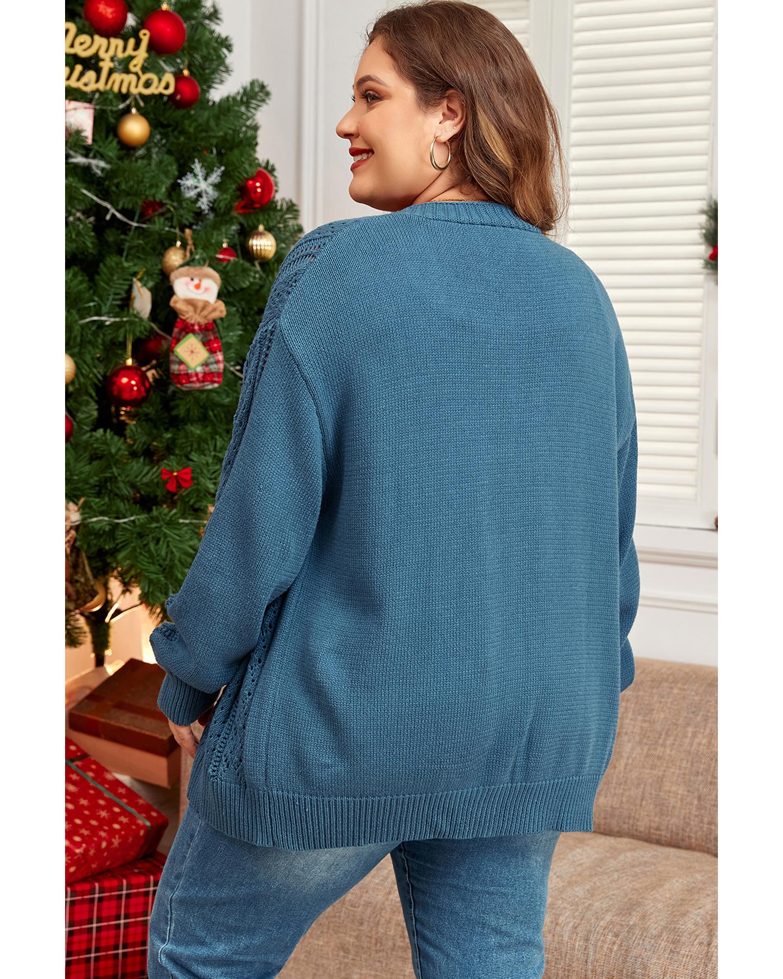 Real Teal Open Knit V Neck Button Front Drop Shoulder Plus Size Cardigan - 3X