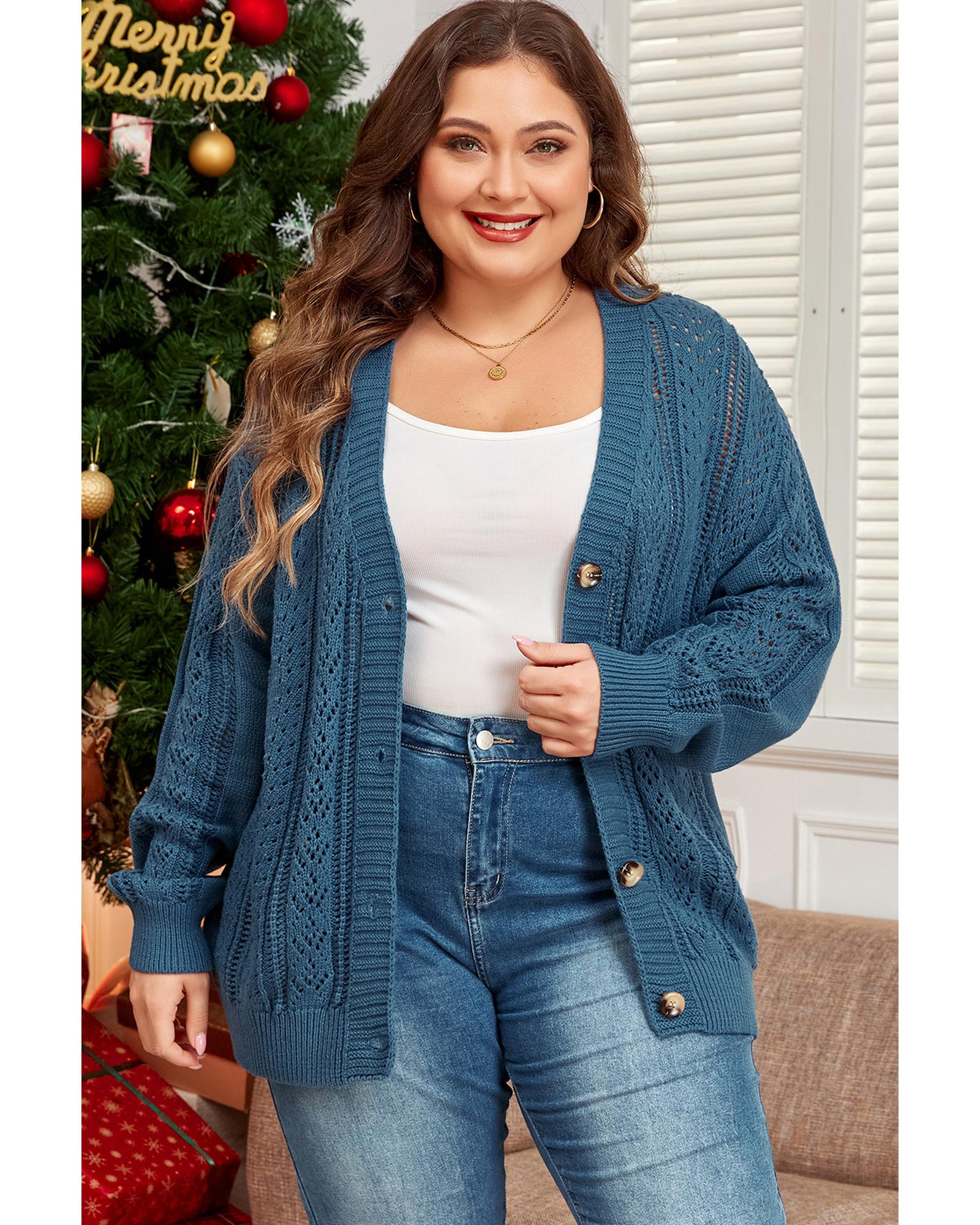 Real Teal Open Knit V Neck Button Front Drop Shoulder Plus Size Cardigan - 3X