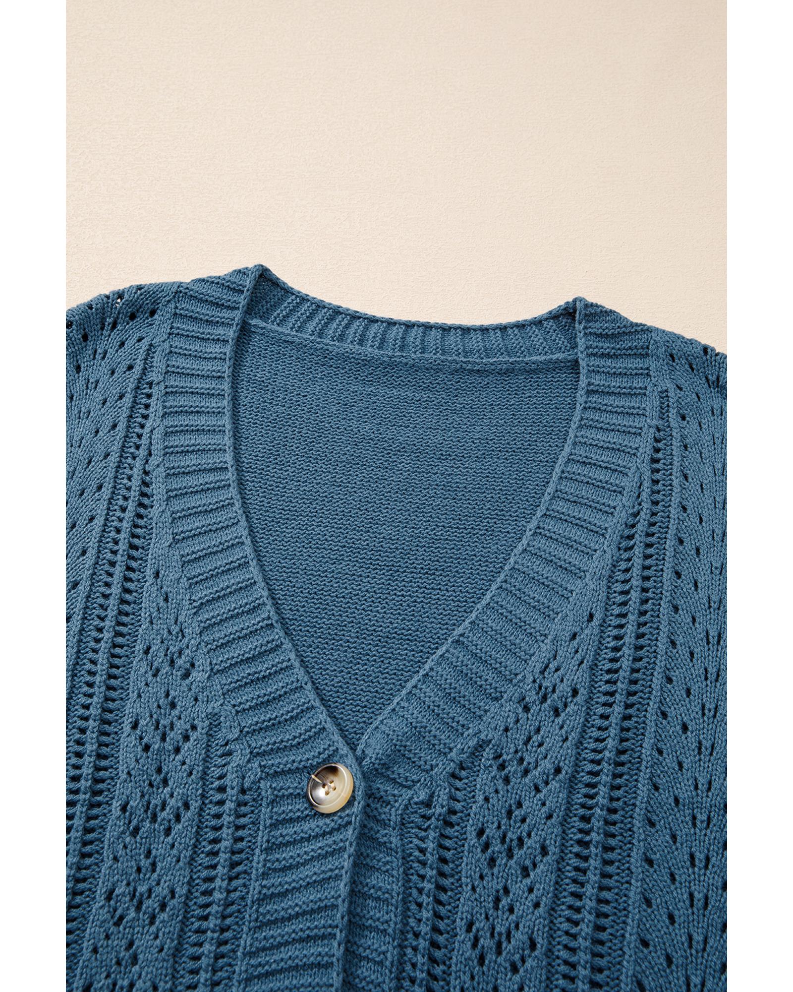 Real Teal Open Knit V Neck Button Front Drop Shoulder Plus Size Cardigan - 3X