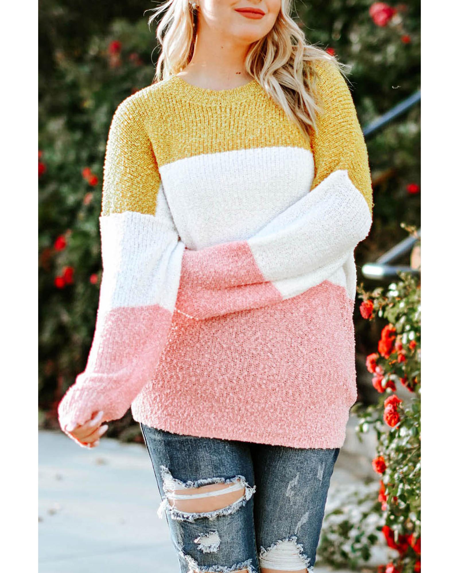 Yellow Colorblock Bubble Sleeve Plus Size Sweater - 2X
