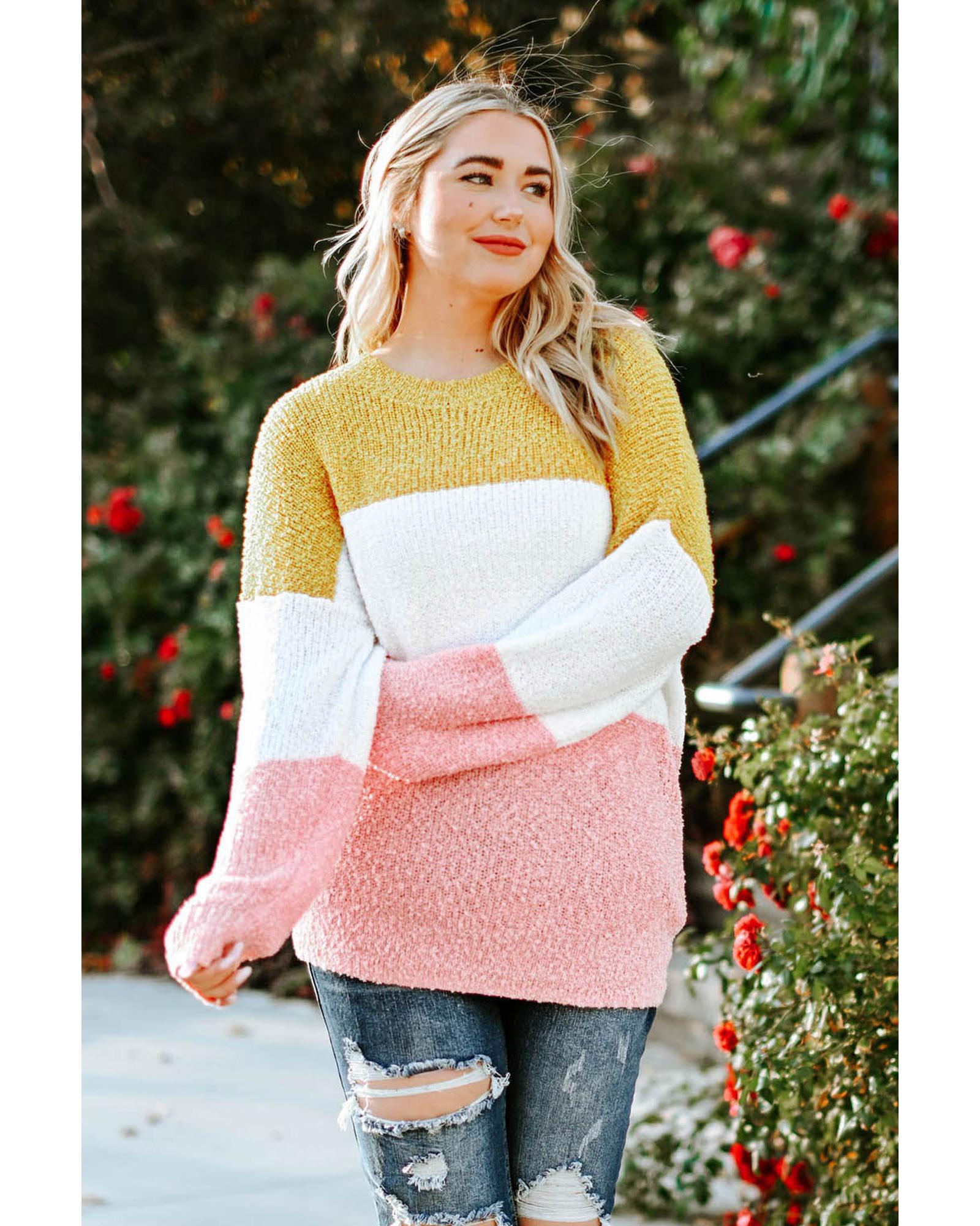 Yellow Colorblock Bubble Sleeve Plus Size Sweater - 3X