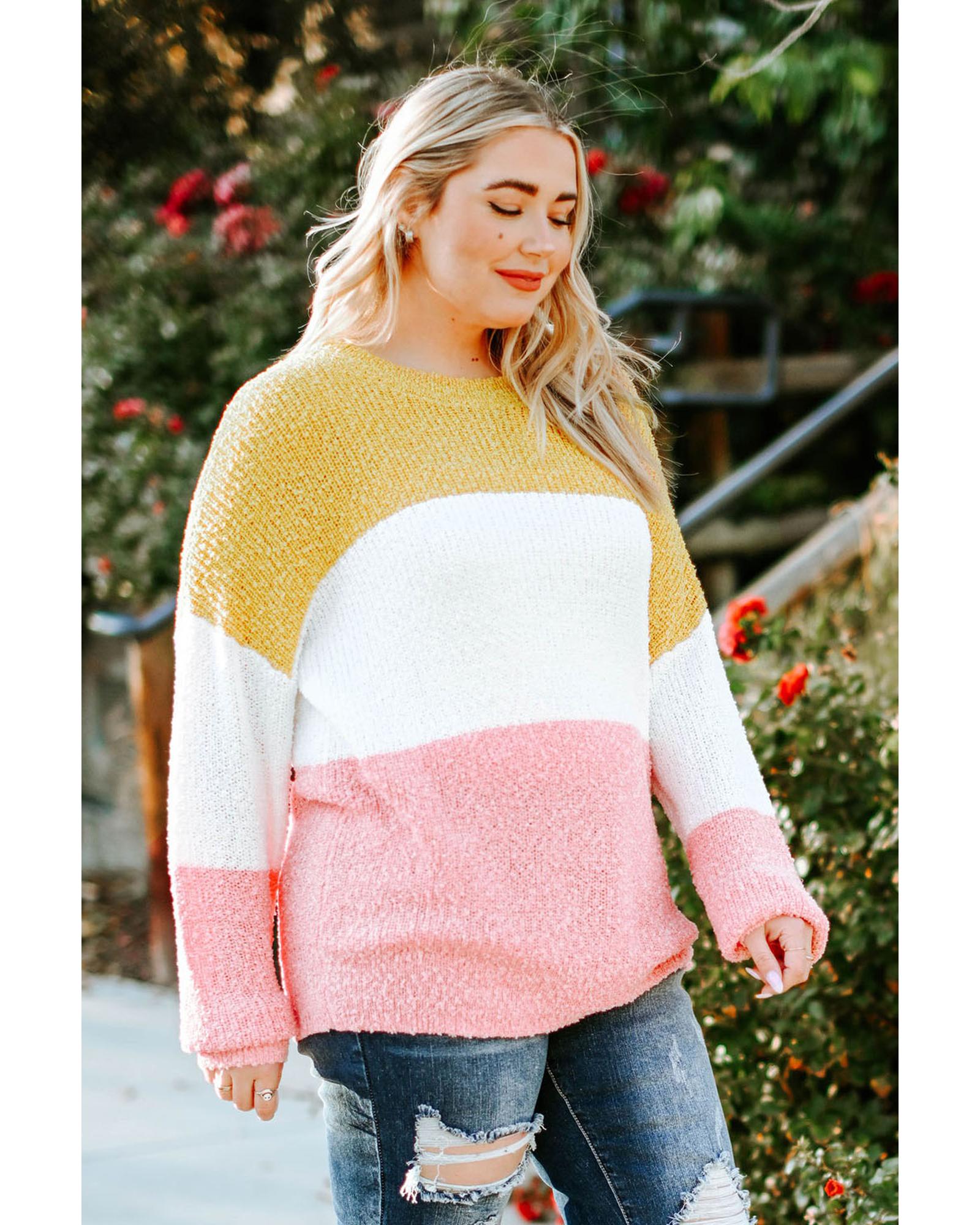 Yellow Colorblock Bubble Sleeve Plus Size Sweater - 3X