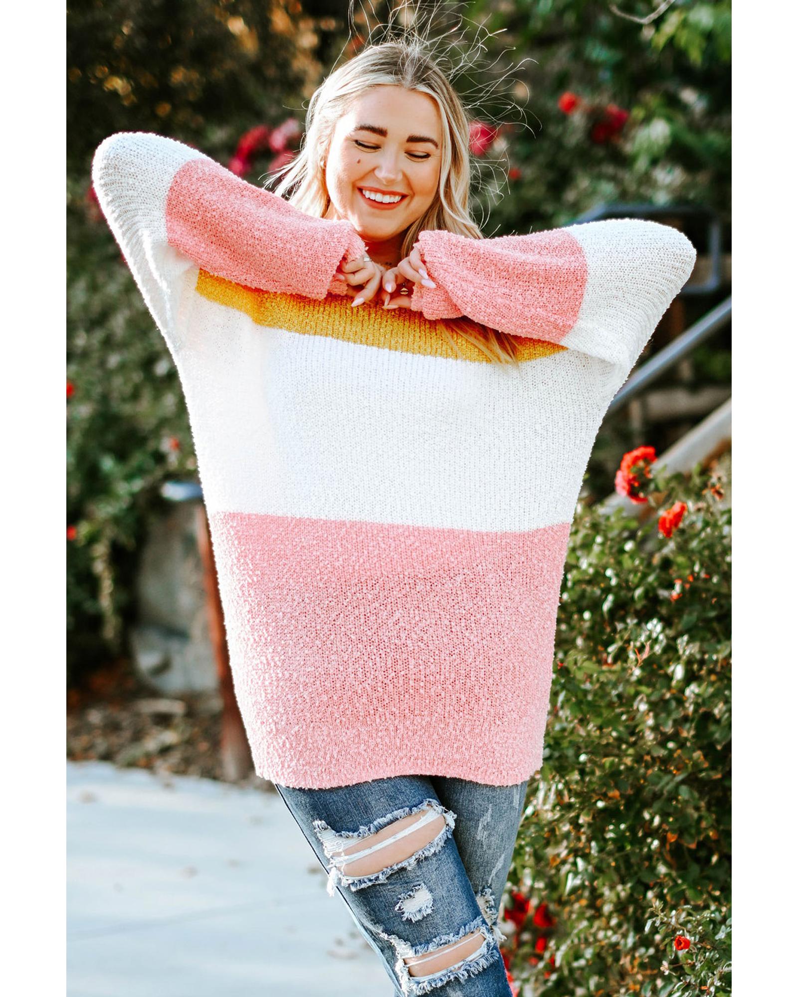 Yellow Colorblock Bubble Sleeve Plus Size Sweater - 4X