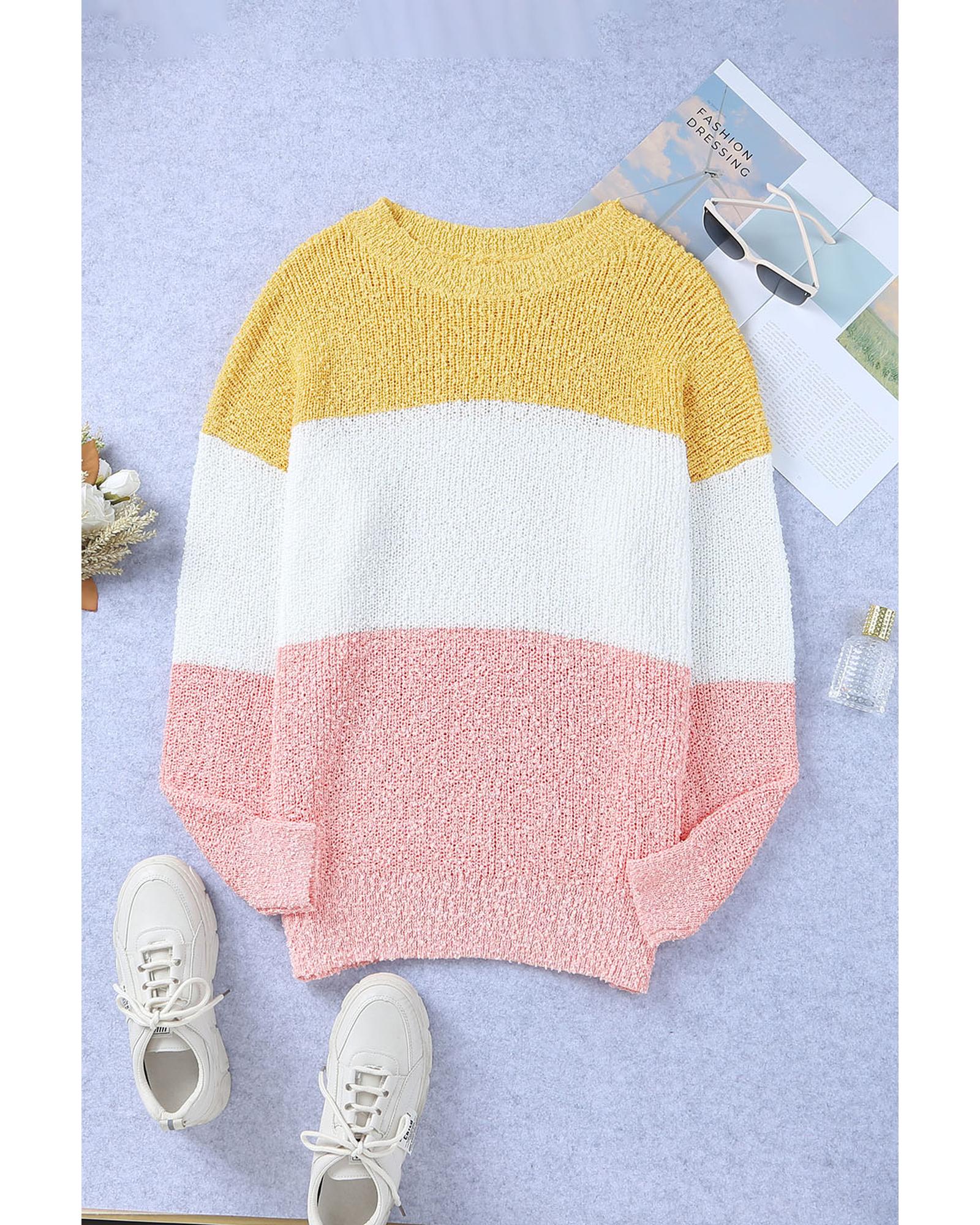 Yellow Colorblock Bubble Sleeve Plus Size Sweater - 5X