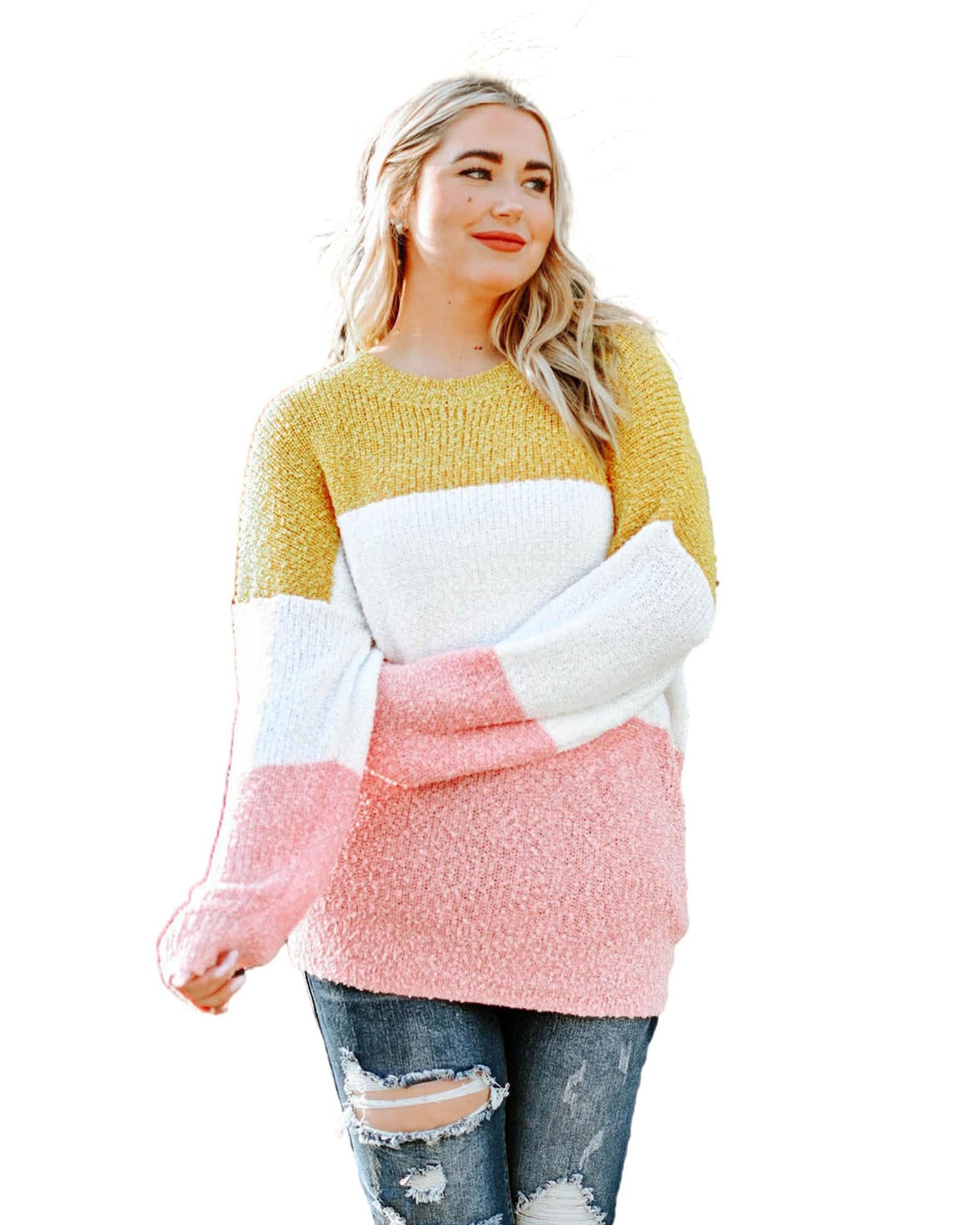 Yellow Colorblock Bubble Sleeve Plus Size Sweater - 5X