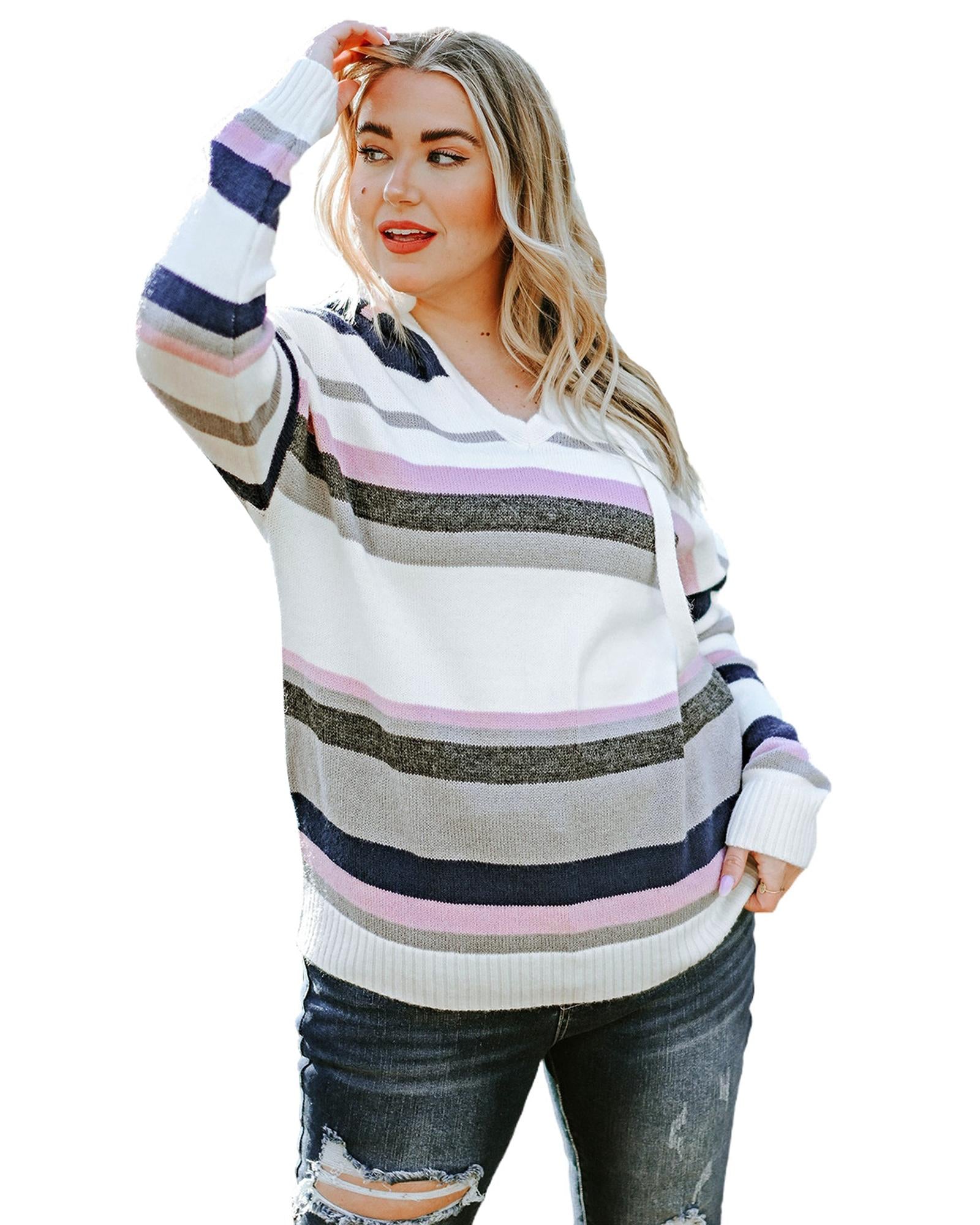 Stripe Plus Size Striped Hooded Knit Sweater - 3X