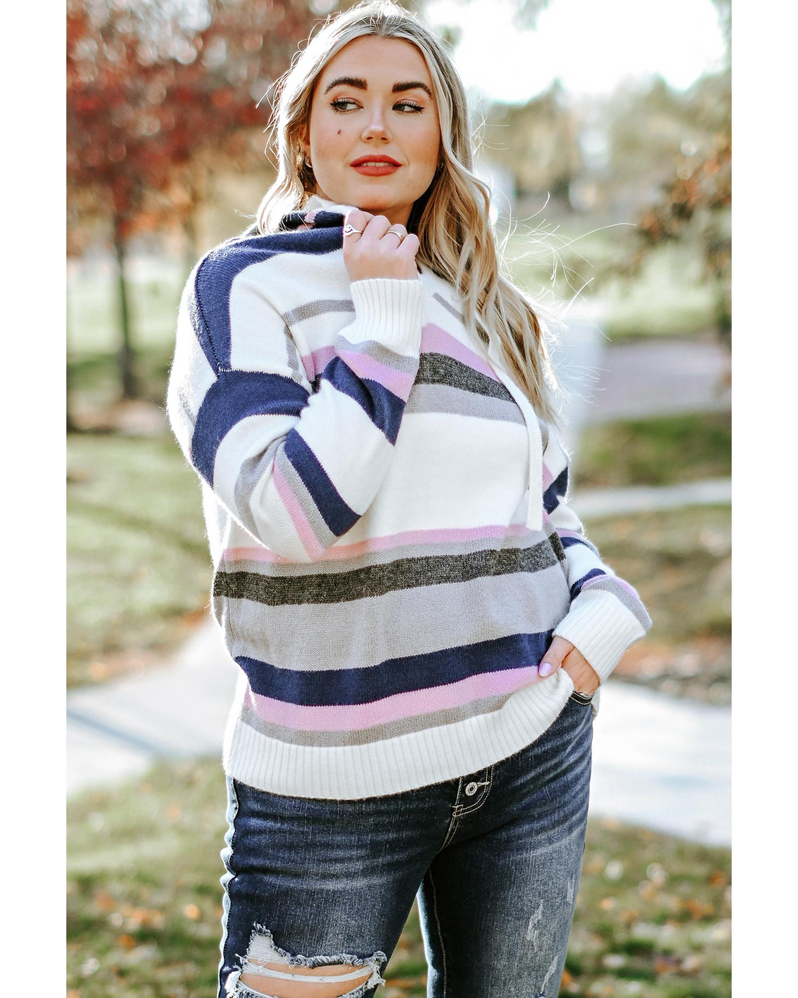 Stripe Plus Size Striped Hooded Knit Sweater - 4X