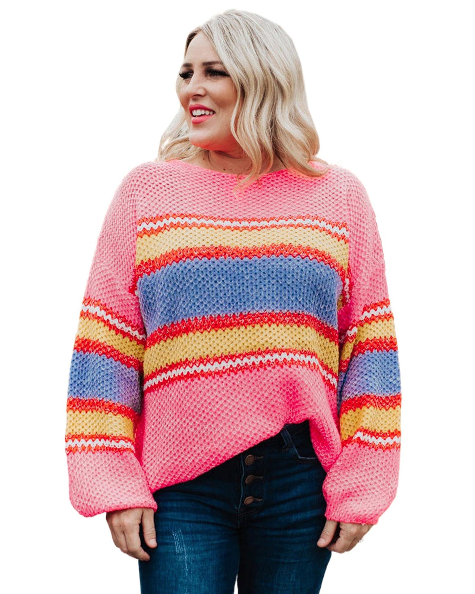 Pink Plus Size Stripe Oversized Sweater - 2X
