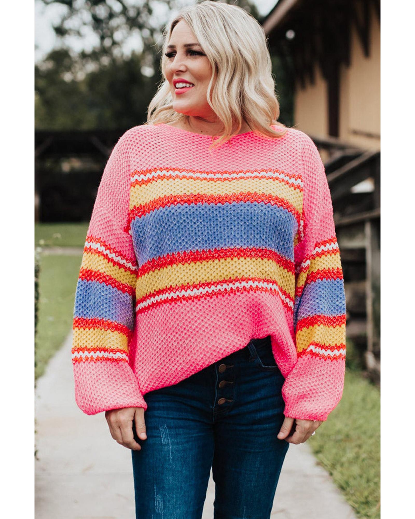Pink Plus Size Stripe Oversized Sweater - 2X