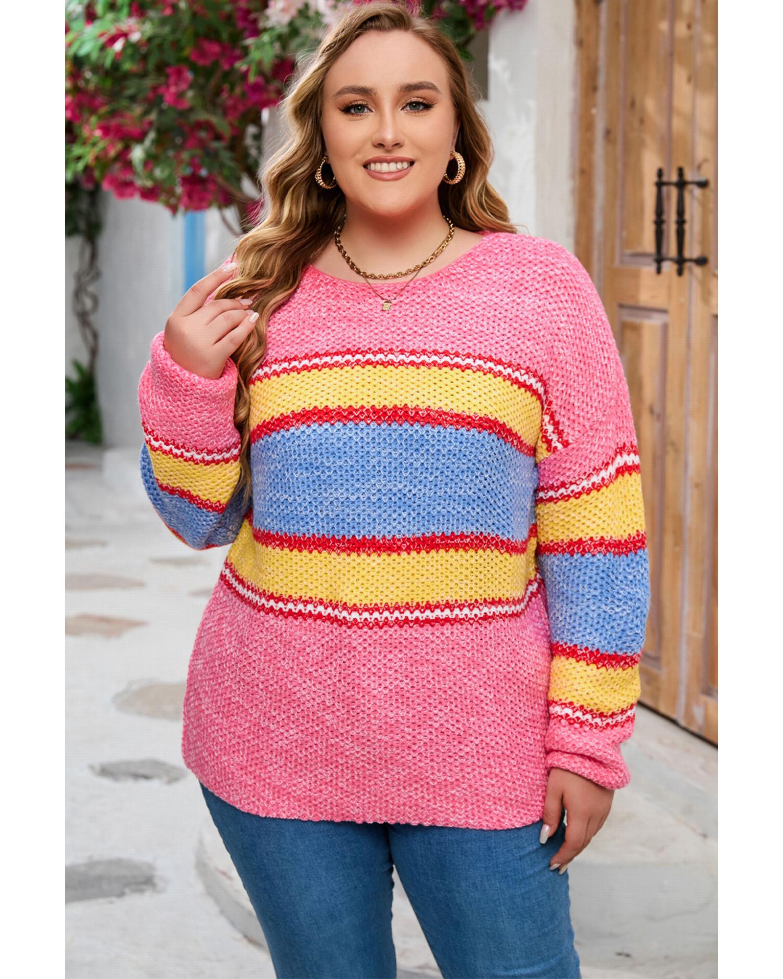 Pink Plus Size Stripe Oversized Sweater - 2X