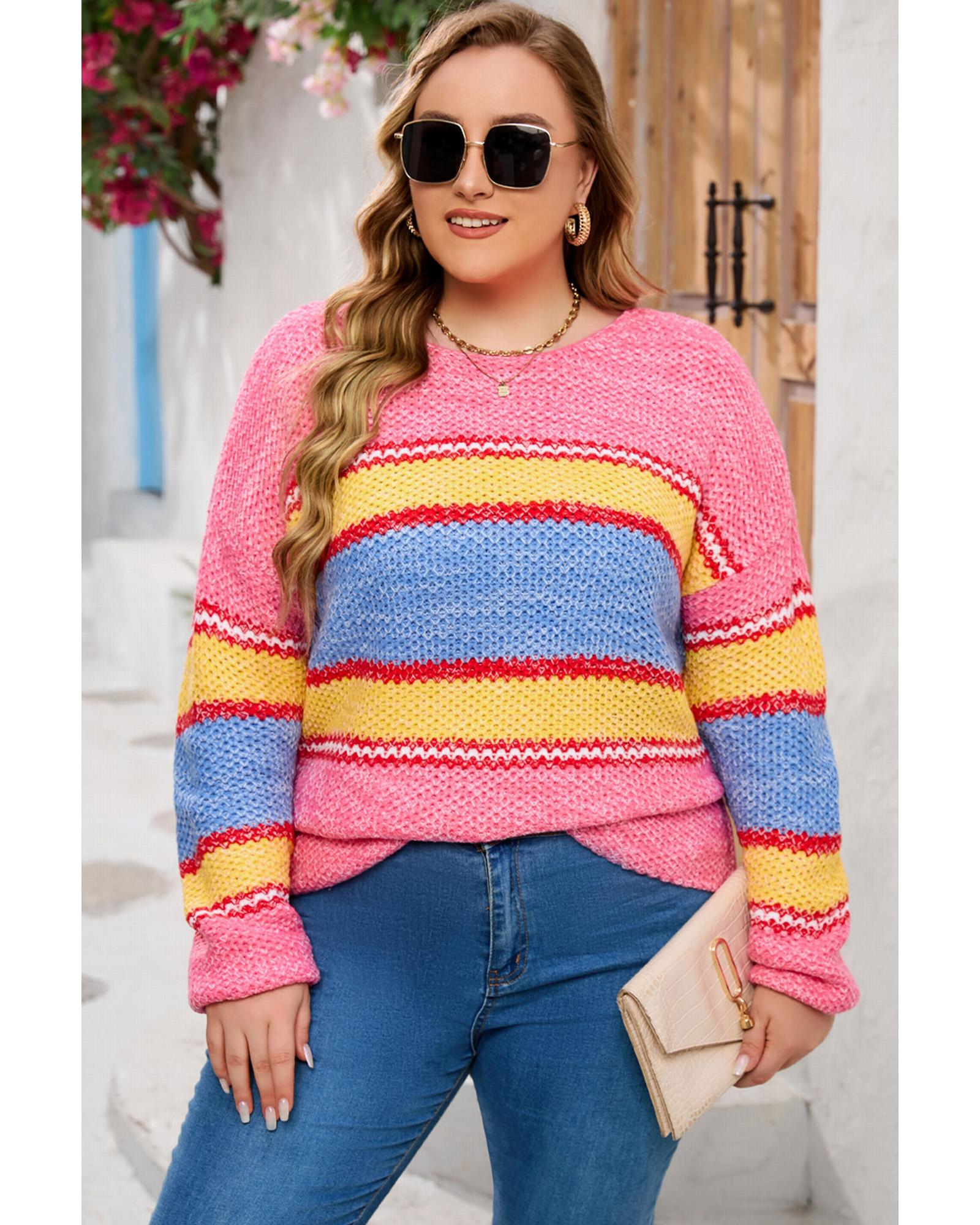 Pink Plus Size Stripe Oversized Sweater - 3X
