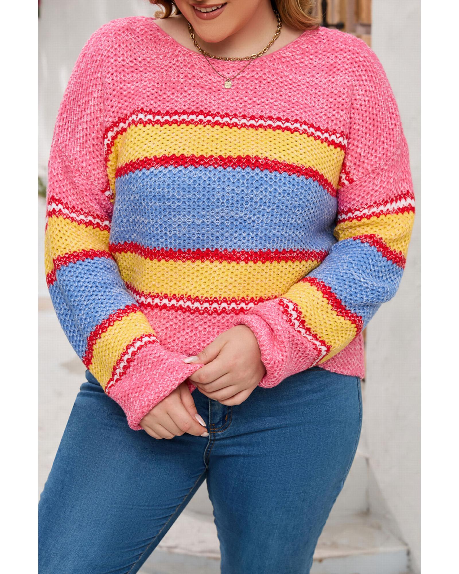 Pink Plus Size Stripe Oversized Sweater - 5X