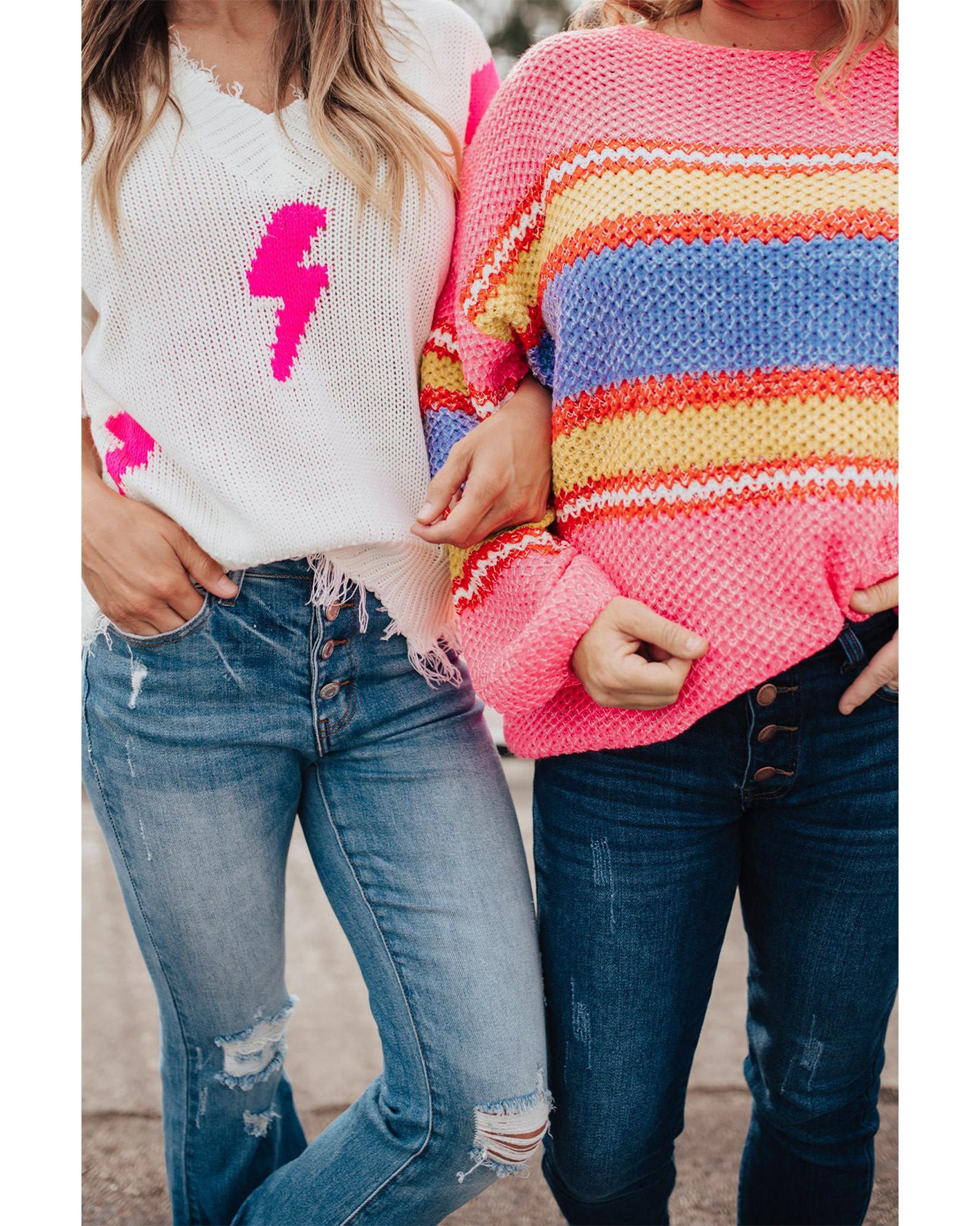 Pink Plus Size Stripe Oversized Sweater - 5X