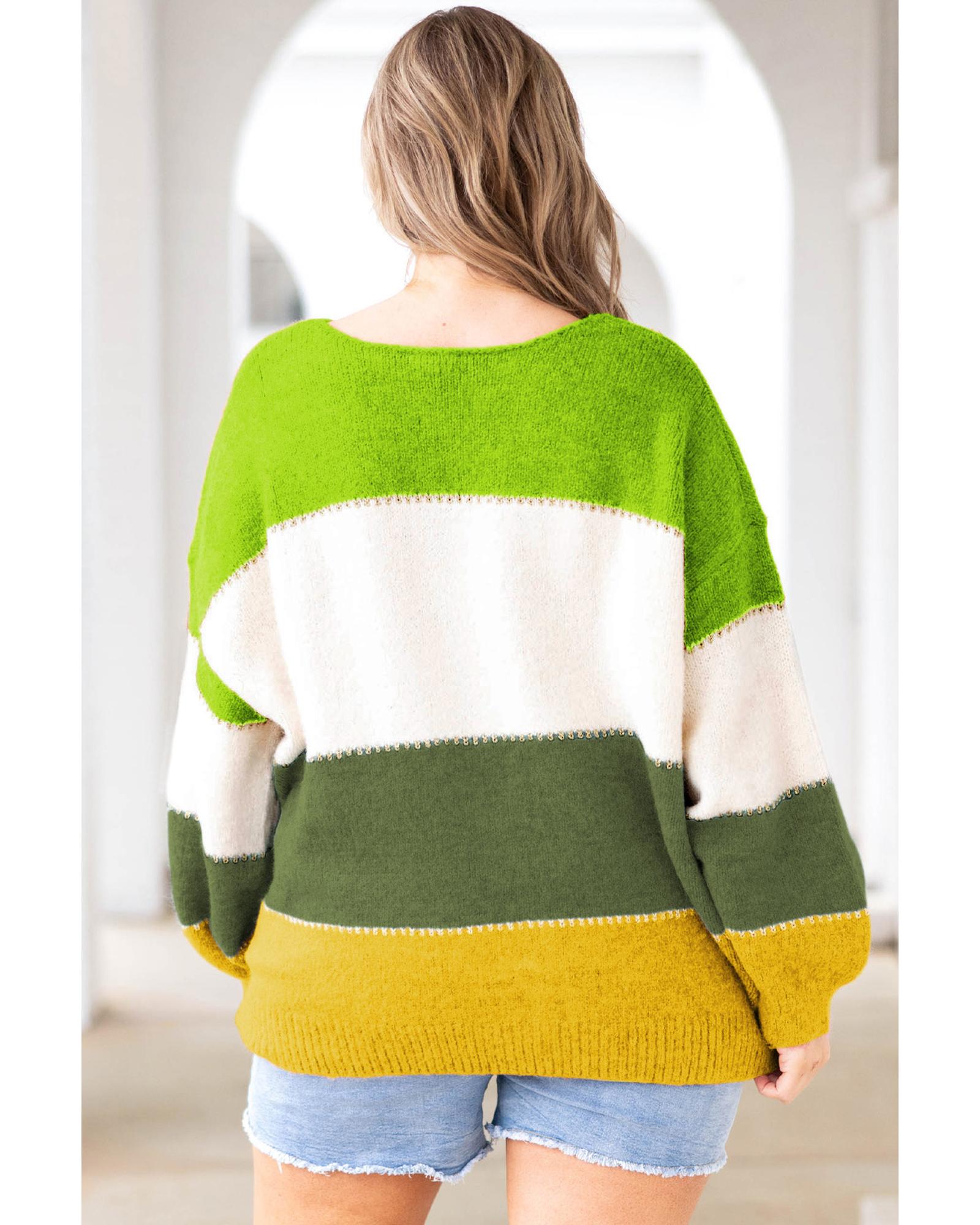 Green Plus Size Color Block Patchwork Sweater - 2X