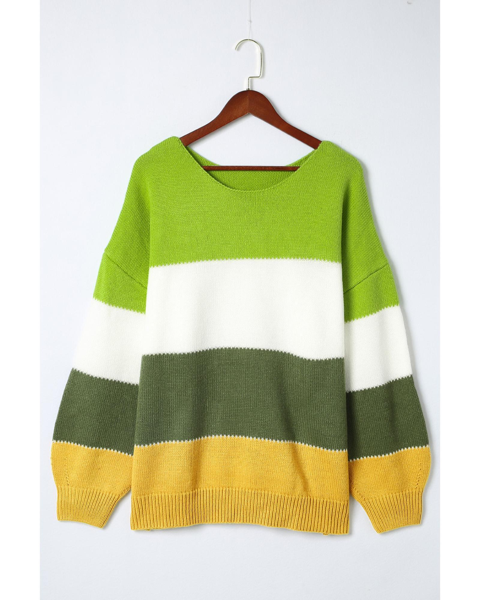 Green Plus Size Color Block Patchwork Sweater - 3X