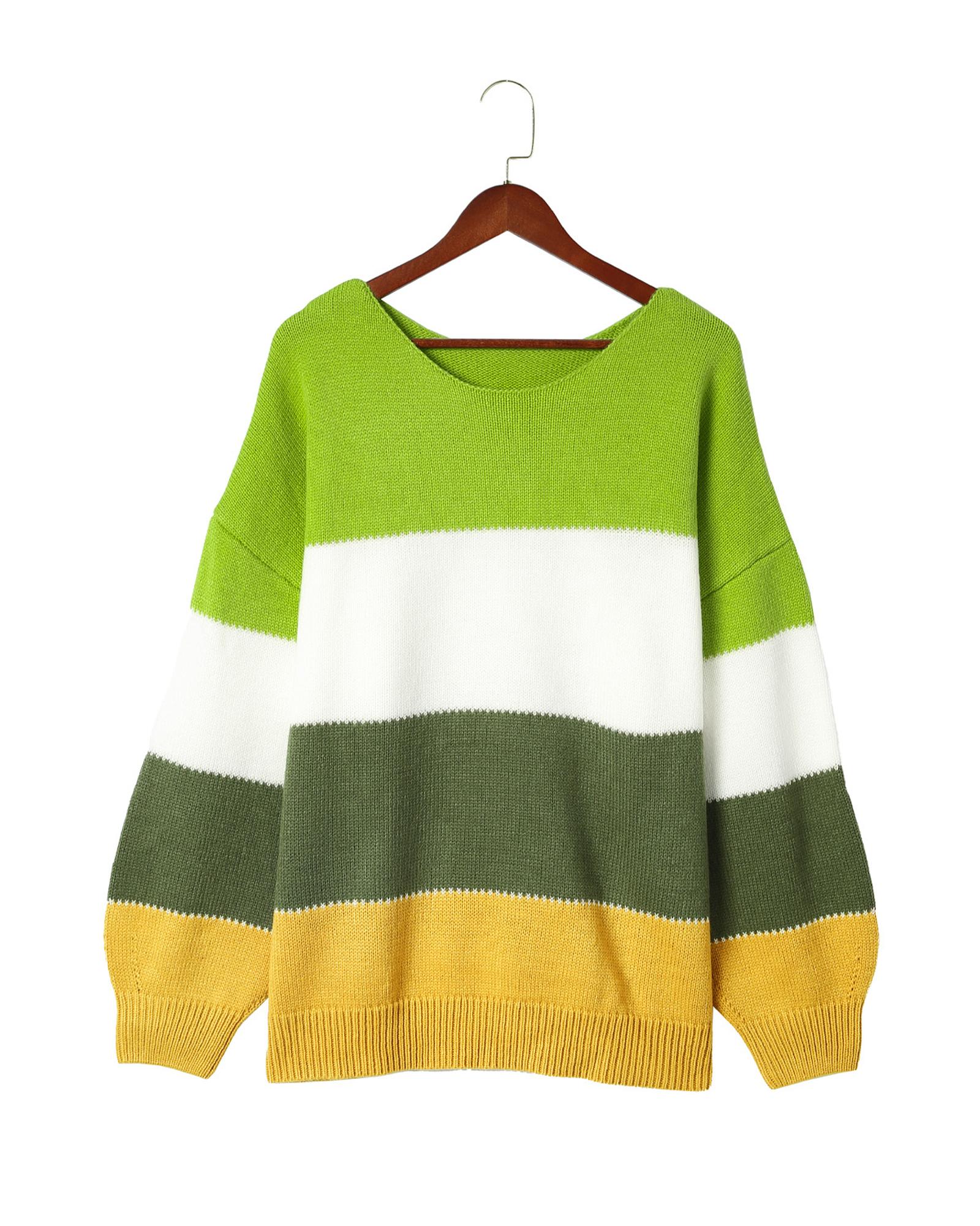 Green Plus Size Color Block Patchwork Sweater - 4X