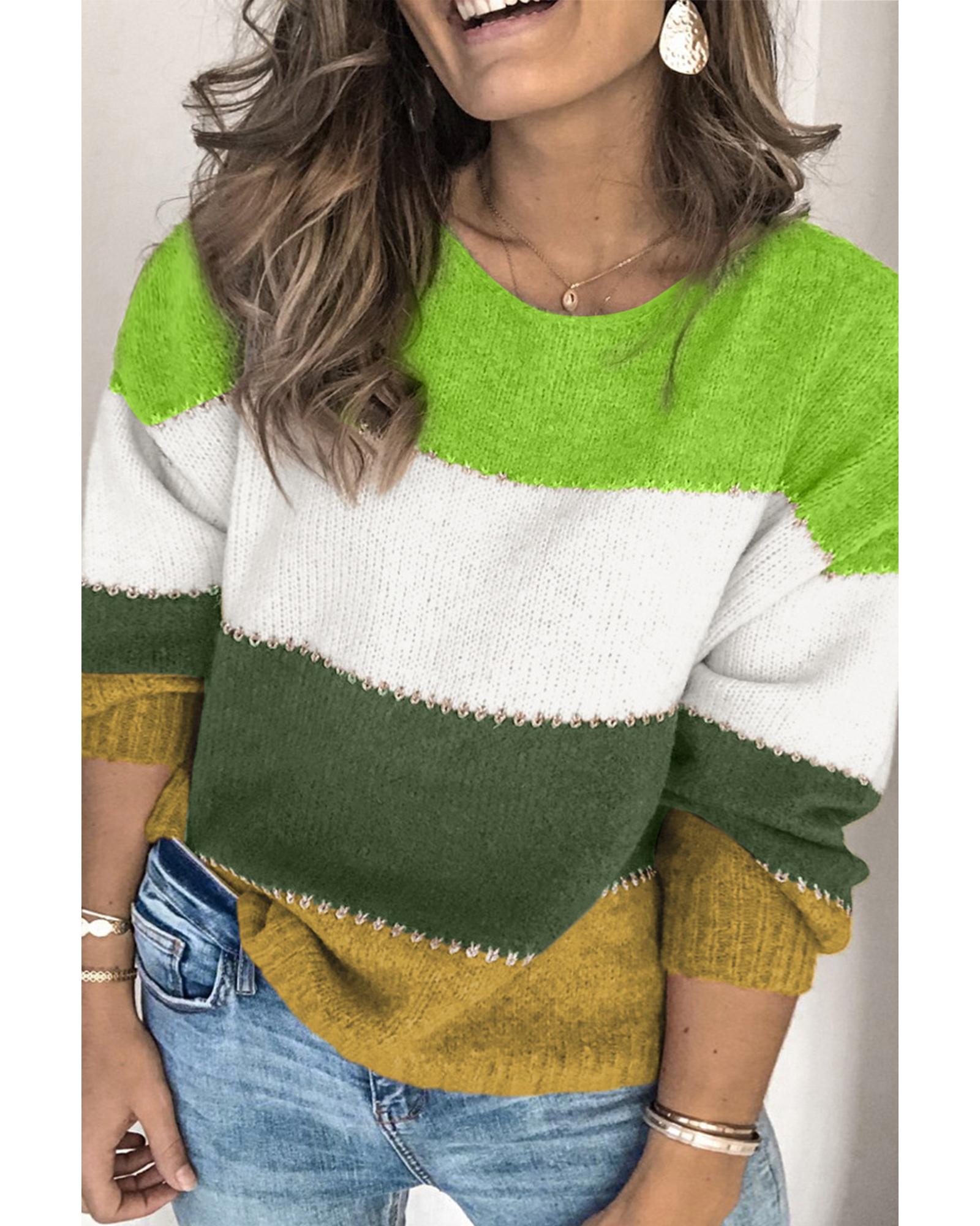 Green Plus Size Color Block Patchwork Sweater - 4X