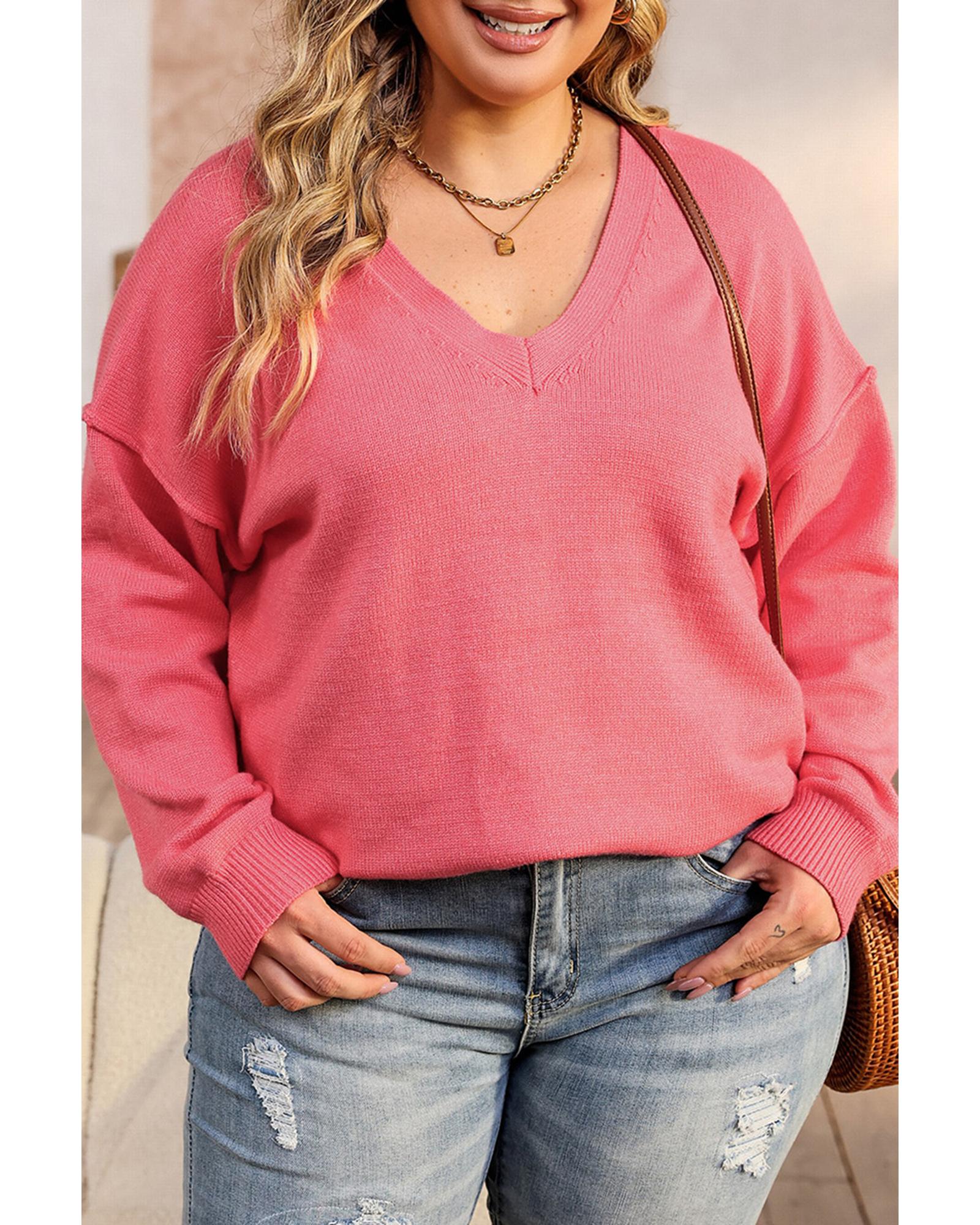 Pink Plus Size Drop Shoulder V Neck Sweater - 1X