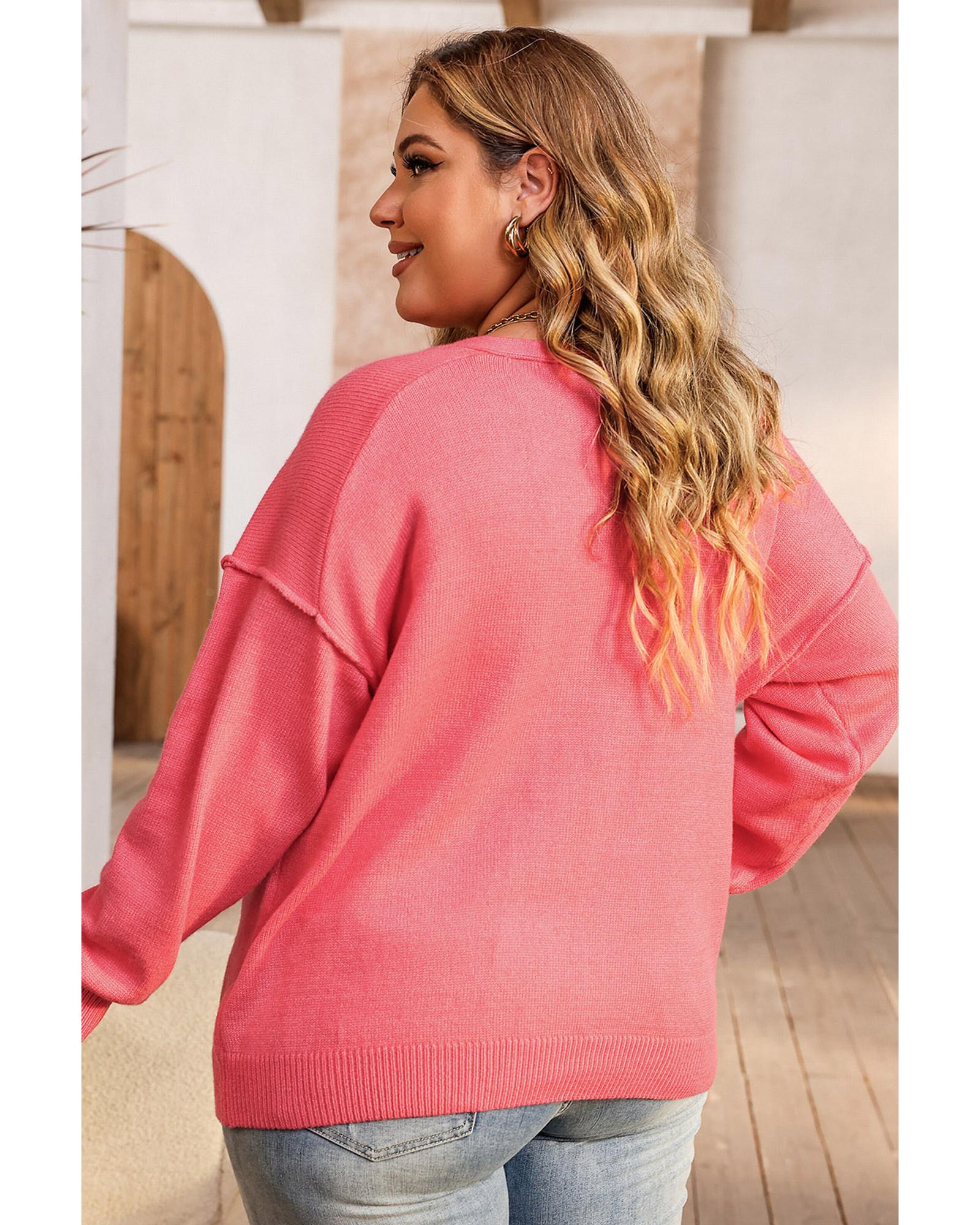 Pink Plus Size Drop Shoulder V Neck Sweater - 1X