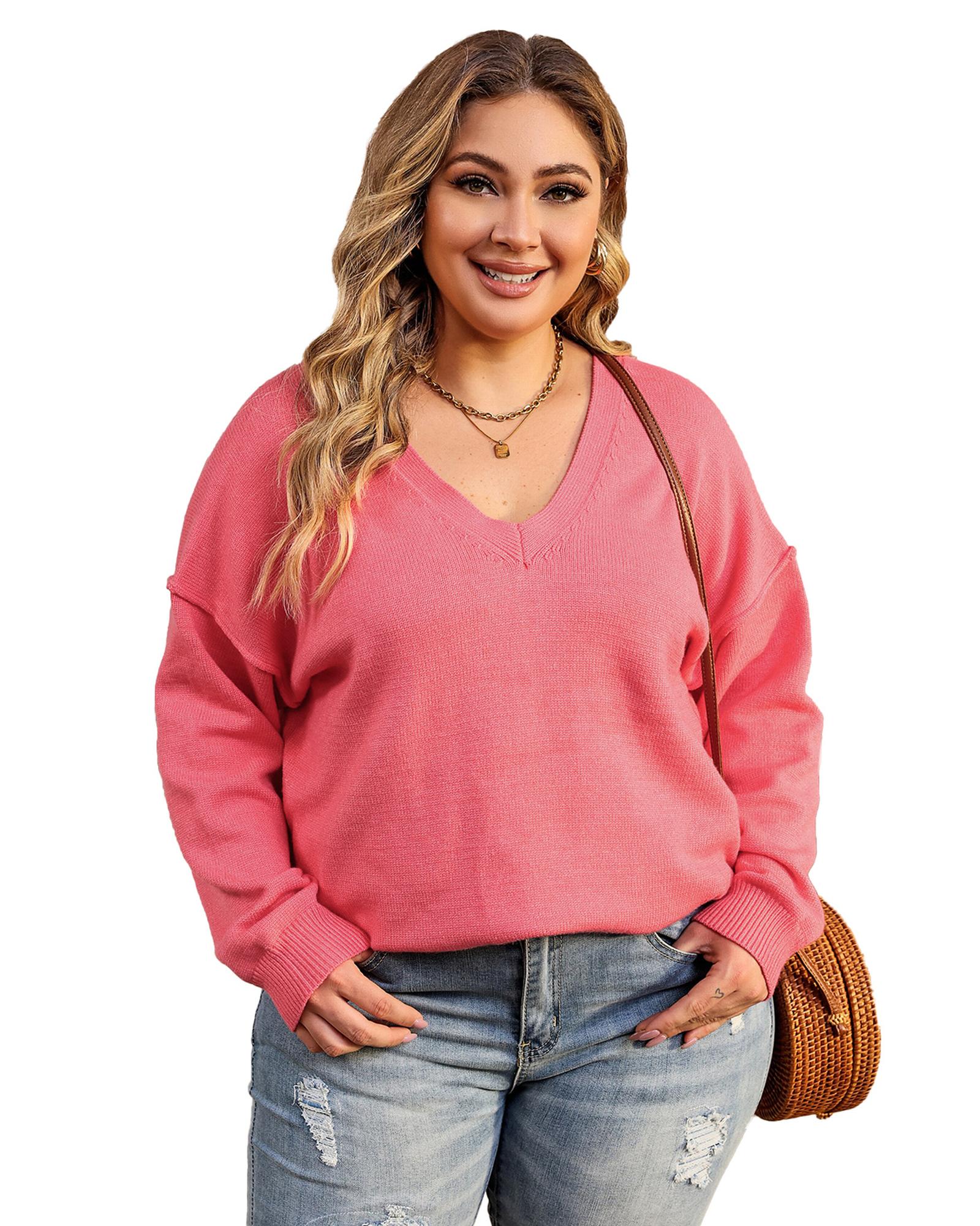 Pink Plus Size Drop Shoulder V Neck Sweater - 2X