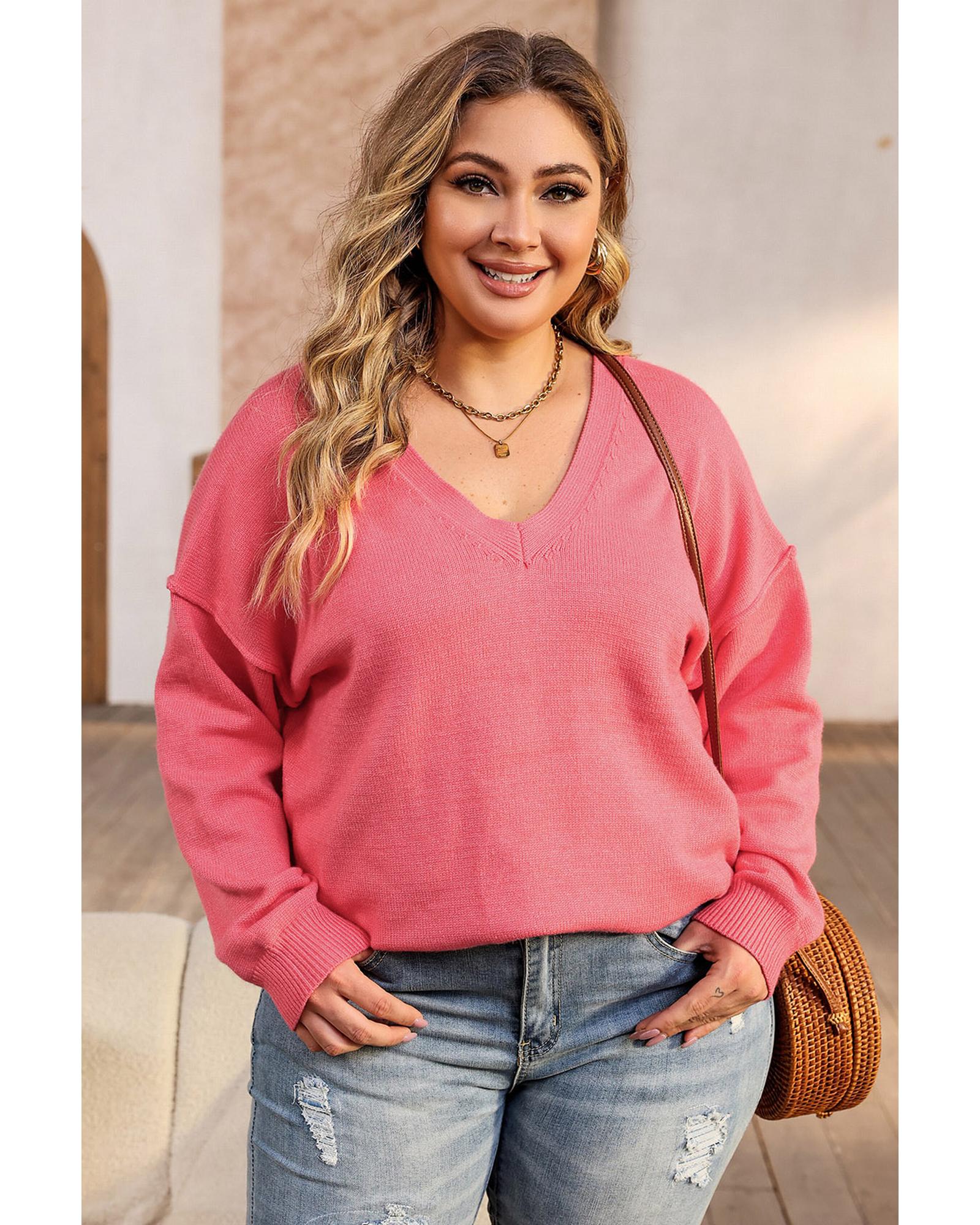 Pink Plus Size Drop Shoulder V Neck Sweater - 3X