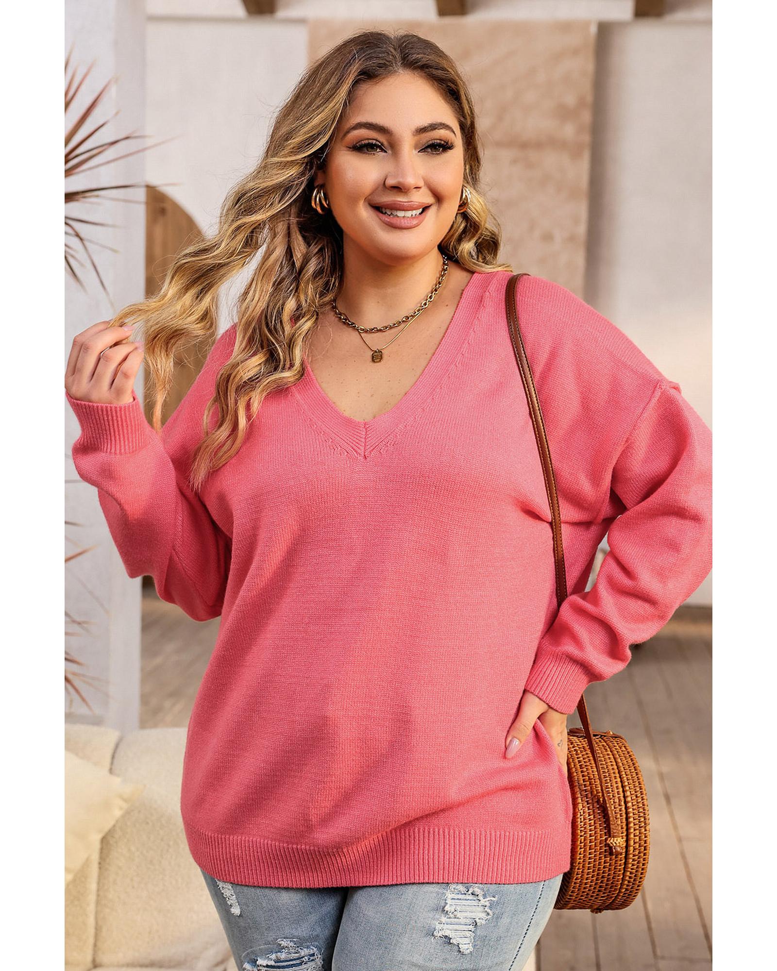 Pink Plus Size Drop Shoulder V Neck Sweater - 3X