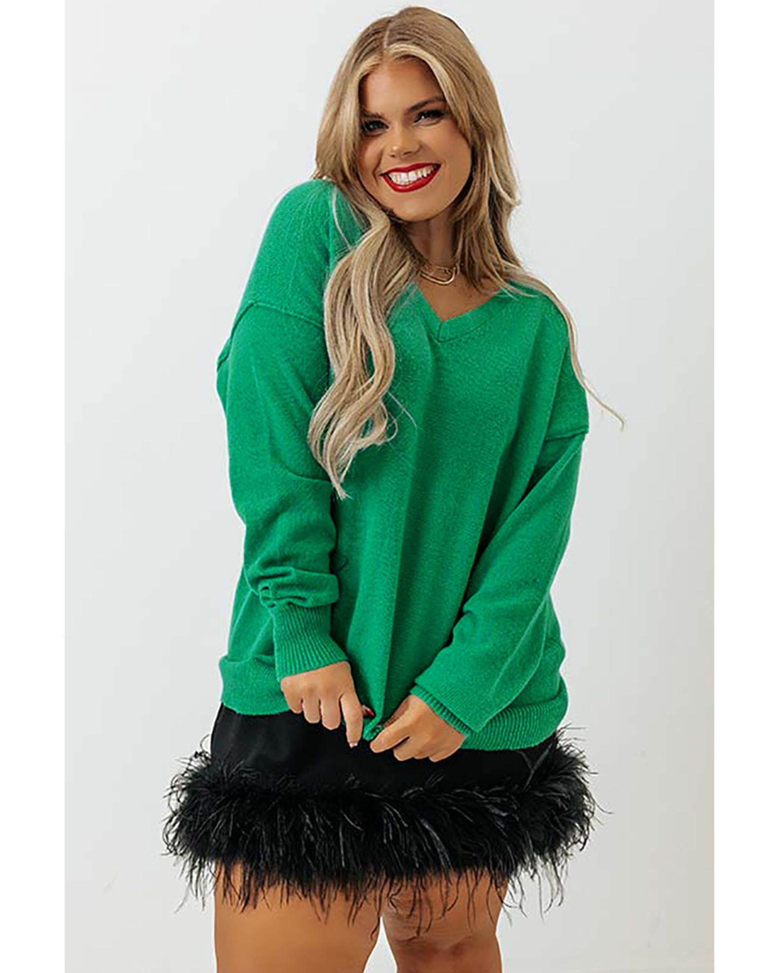 Green Plus Size Drop Shoulder V Neck Sweater - 1X