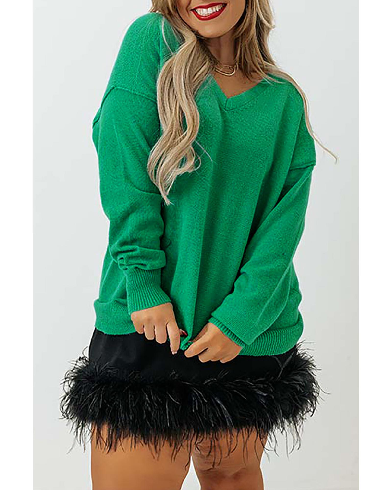 Green Plus Size Drop Shoulder V Neck Sweater - 1X