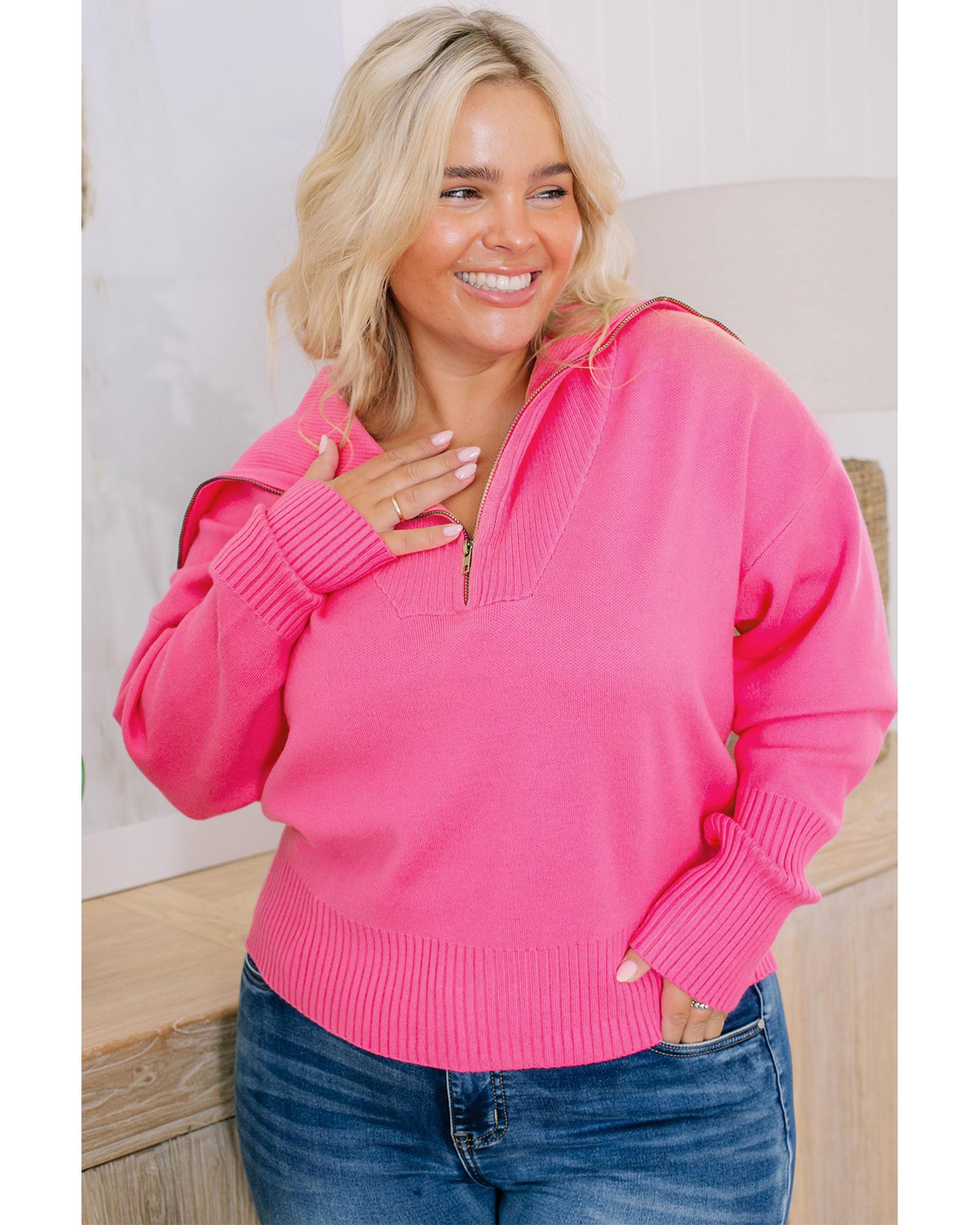 Rose Solid Ribbed Trim Plus Size Zip Collar Sweater - 2X