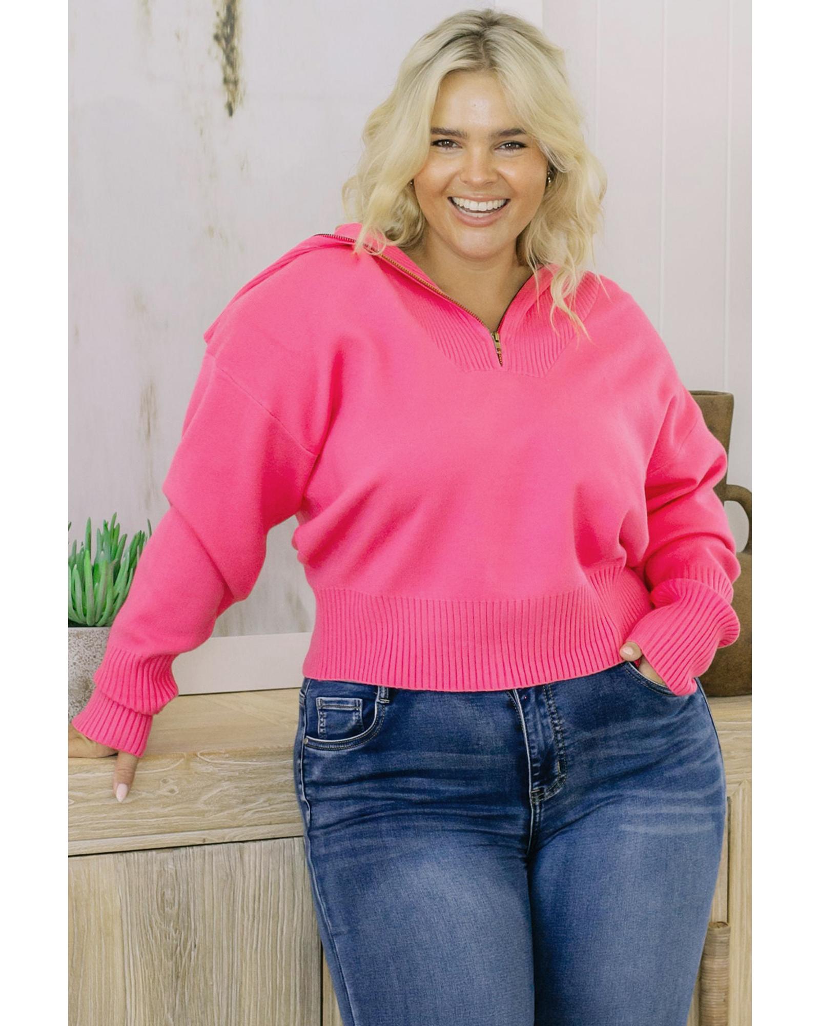 Rose Solid Ribbed Trim Plus Size Zip Collar Sweater - 2X